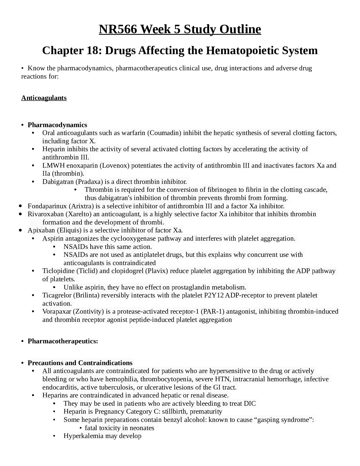 NR566 Week 5 Study Outline