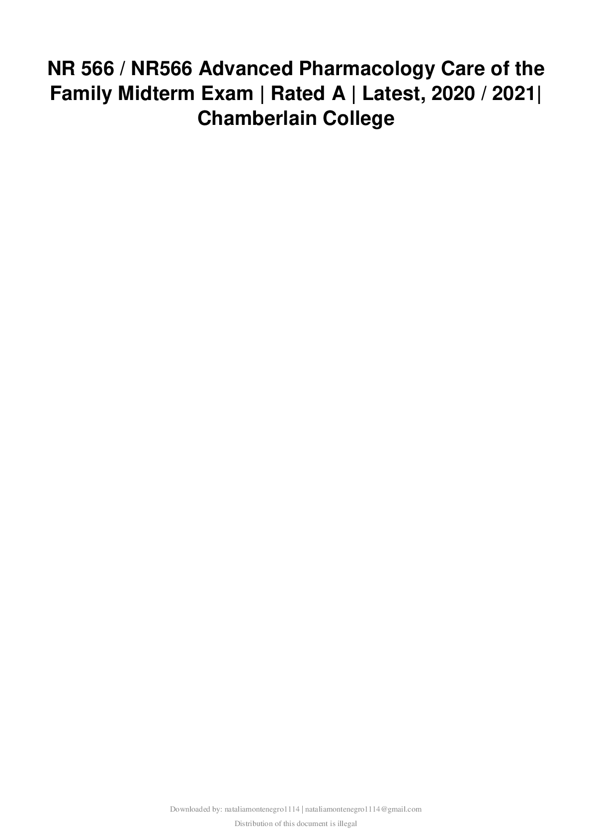 NR 566 / NR566 Advanced Pharmacology Care of the Family Midterm Exam | Rated A | Latest, 2020 / 2021| Chamberlain College