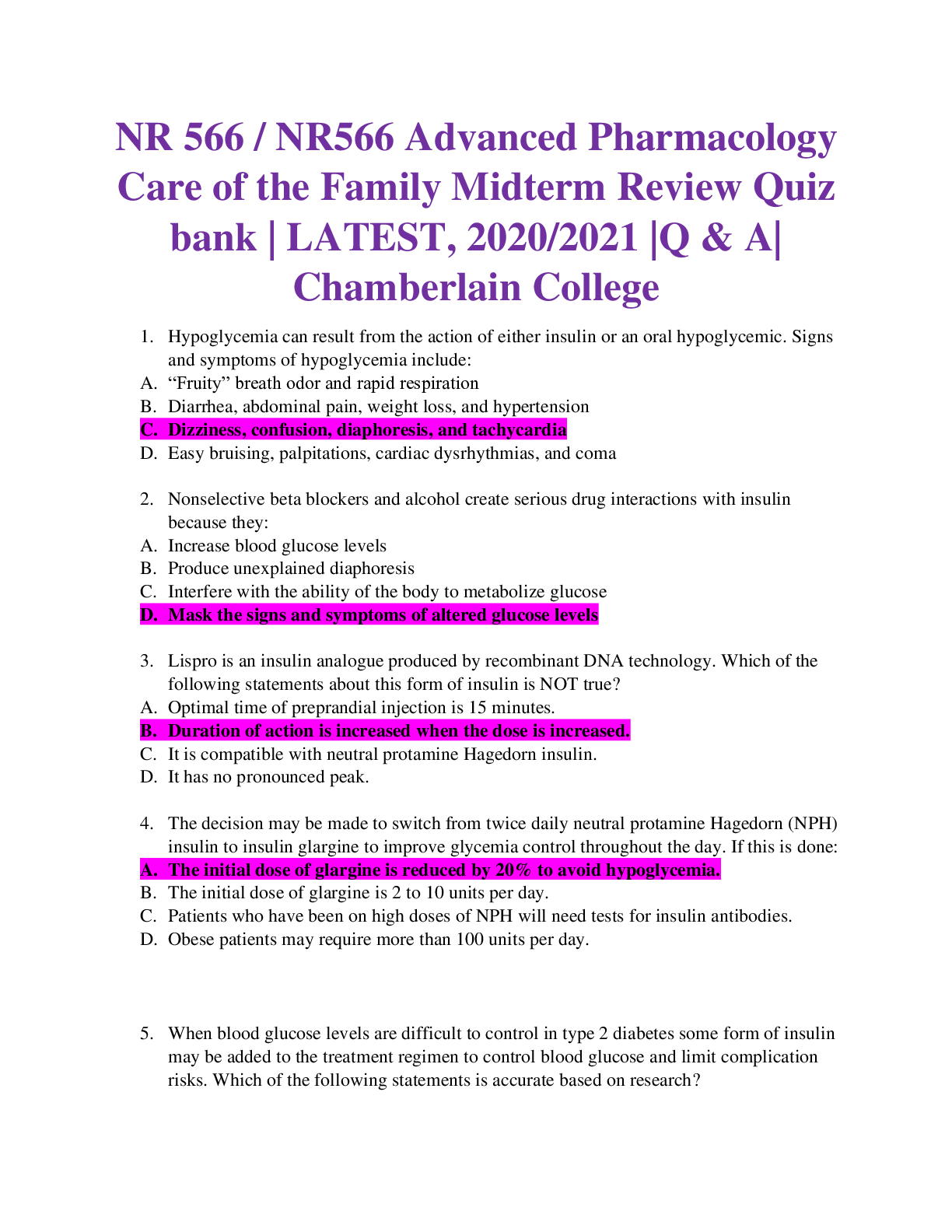 NR 566 / NR566 Advanced Pharmacology Care of the Family Midterm Review Quiz bank AND Solutions