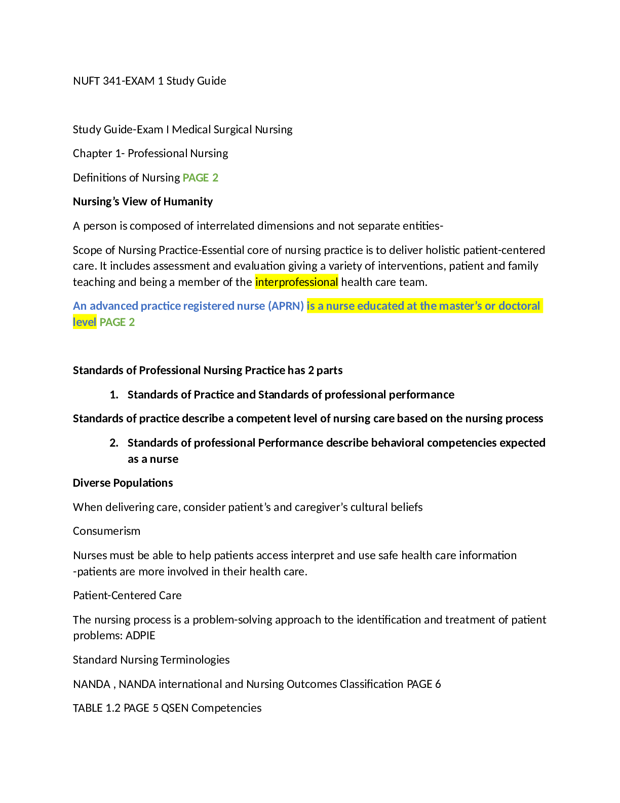 NUFT 341-EXAM 1 Study Guide:  Medical Surgical Nursing