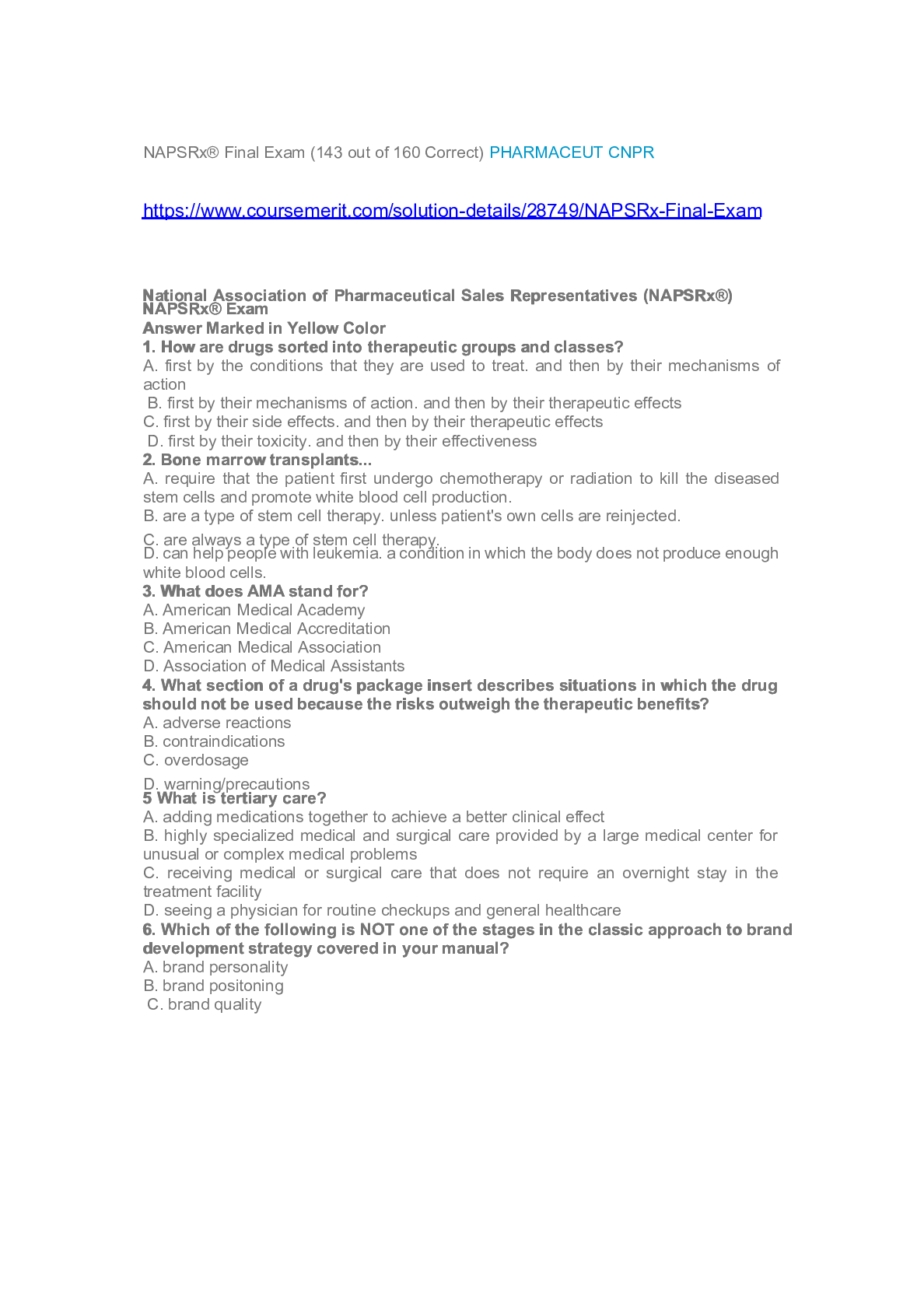 Bio 141, NAPSRx® Final Exam  PHARMACEUT CNPR
