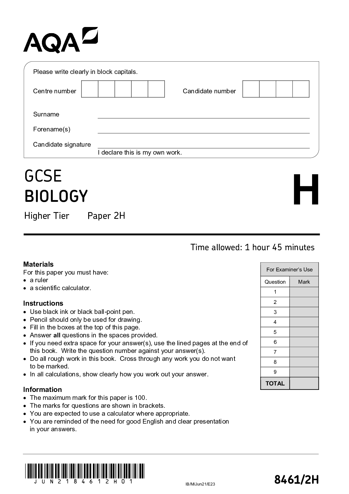 GCSE BIOLOGY Higher Tier  Paper 2H