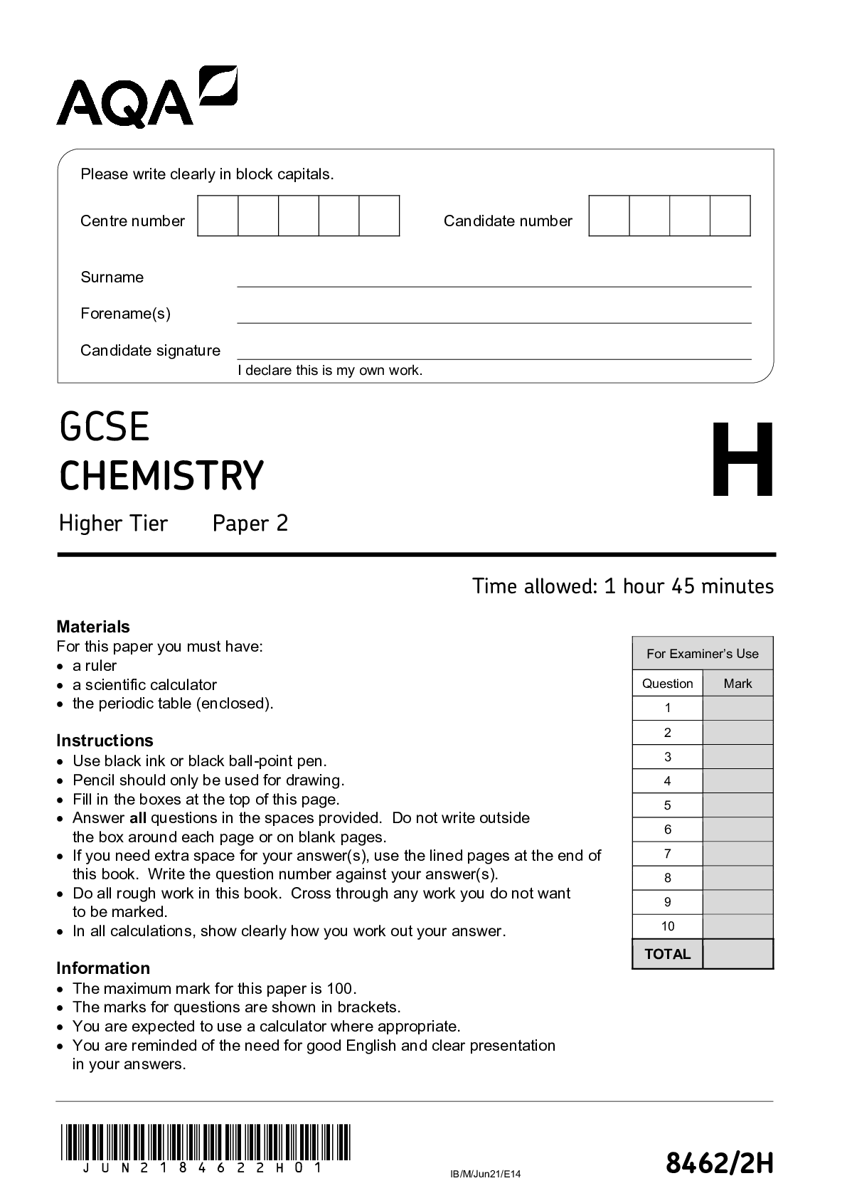 GCSE CHEMISTRY Higher Tier  Paper 2