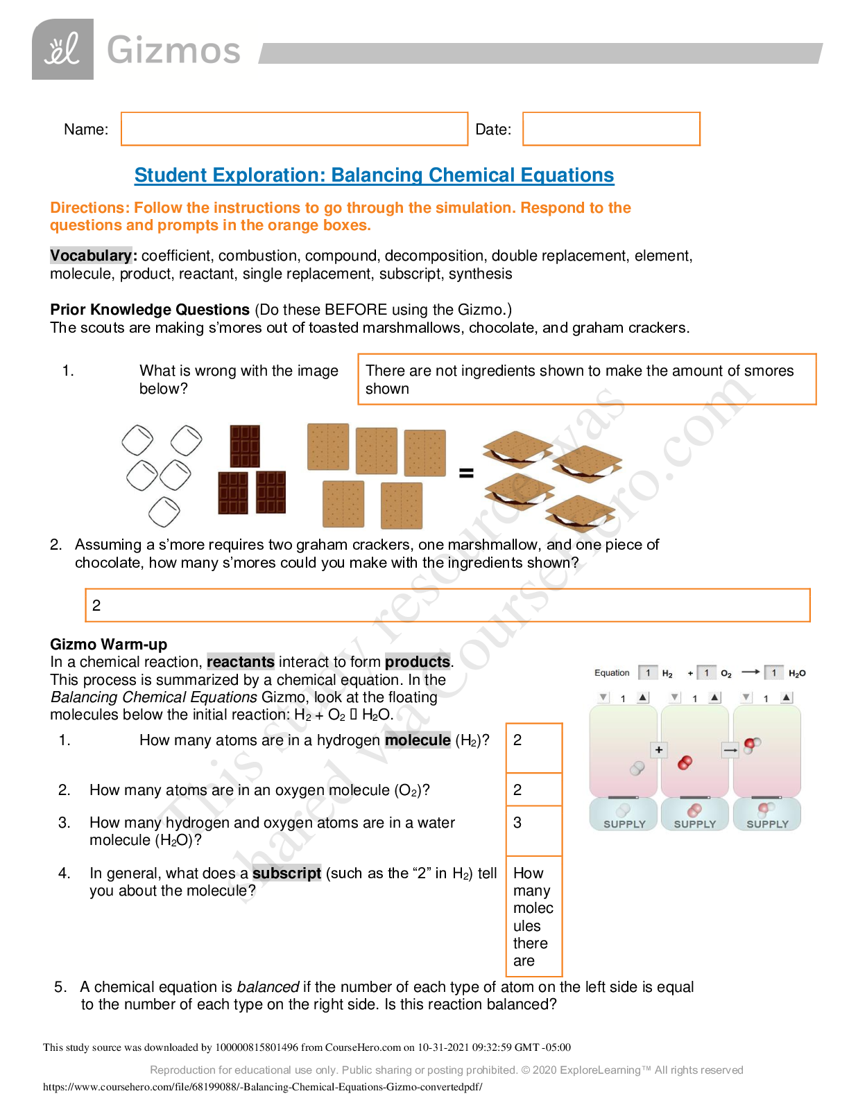 Balancing Chemical Equations Gizmo