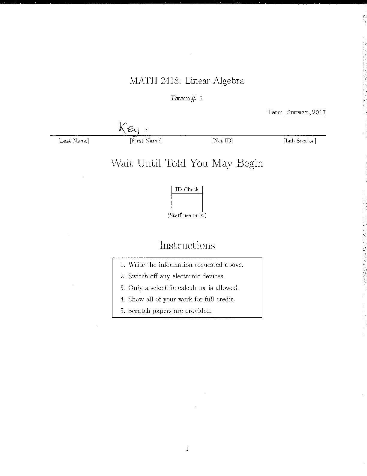 MATH 2418 Linear Algebra Exam 1 Solutions