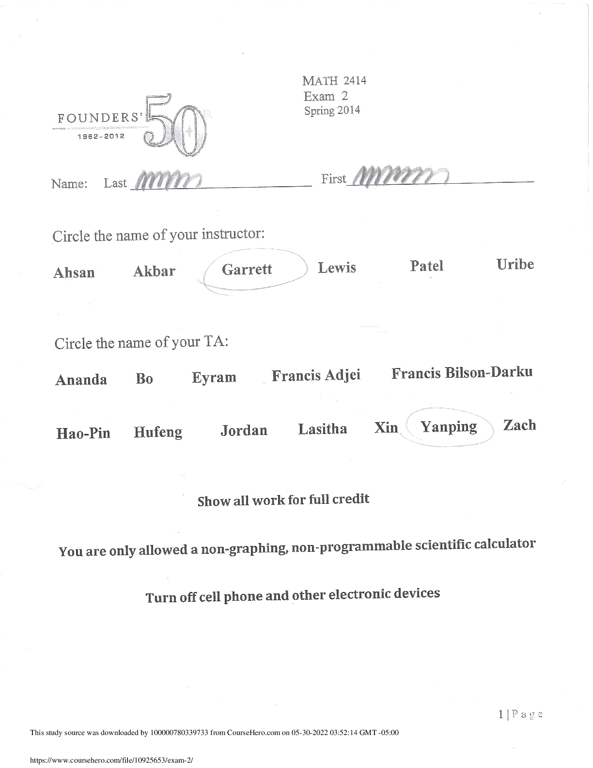 MATH 2414 Exam 2 spring 2014