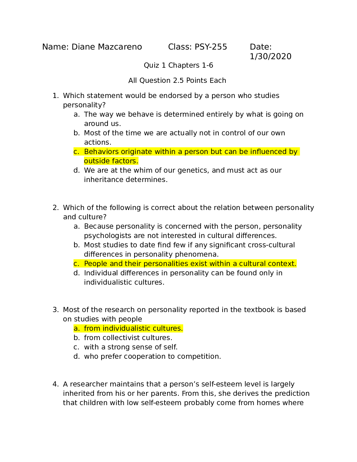 PSY-255 Students Quiz Chapter 1-6
