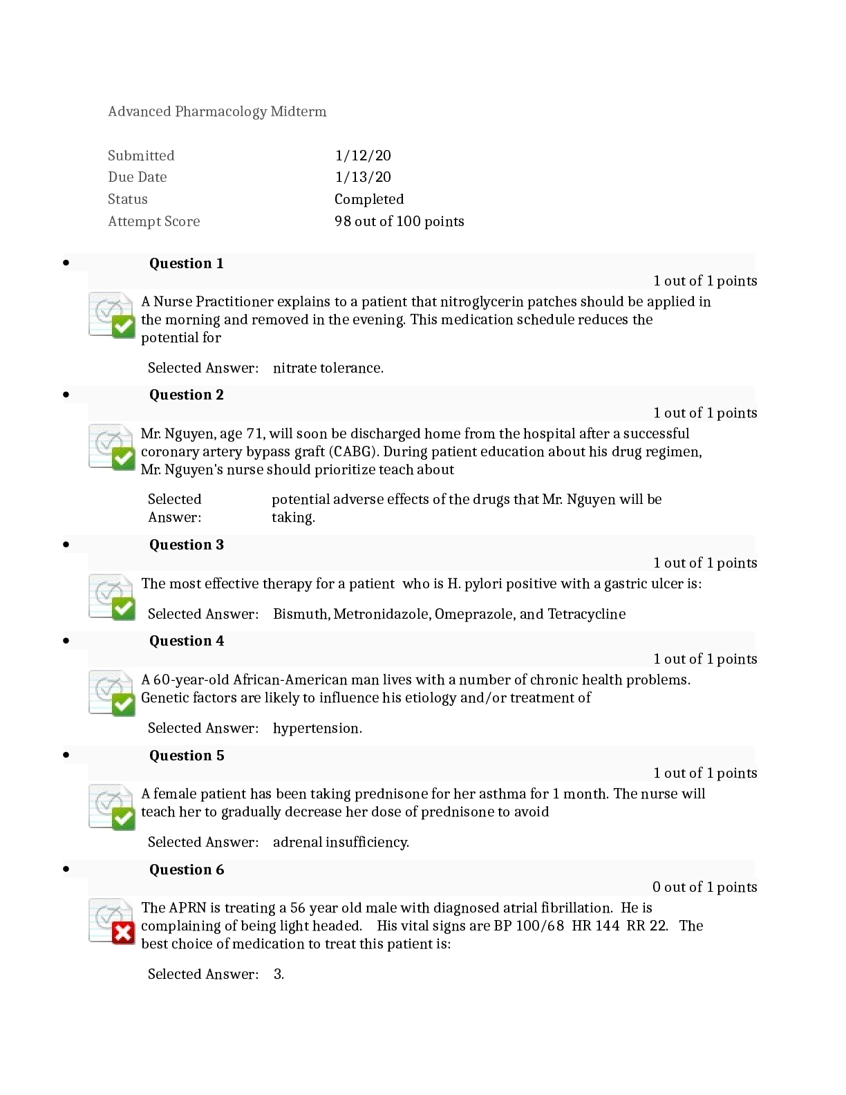 Advanced Pharmacology Midterm Sample 3 Study Guide