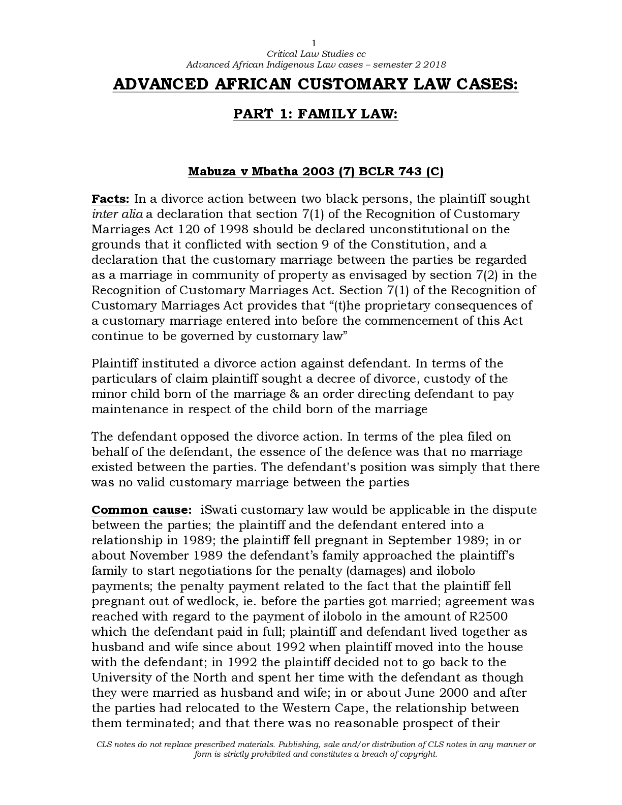 ADVANCED AFRICAN CUSTOMARY LAW CASES PART 1 FAMILY LAW