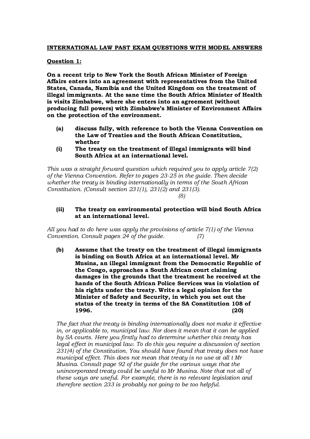 INTERNATIONAL LAW PAST EXAM QUESTIONS WITH MODEL ANSWERS