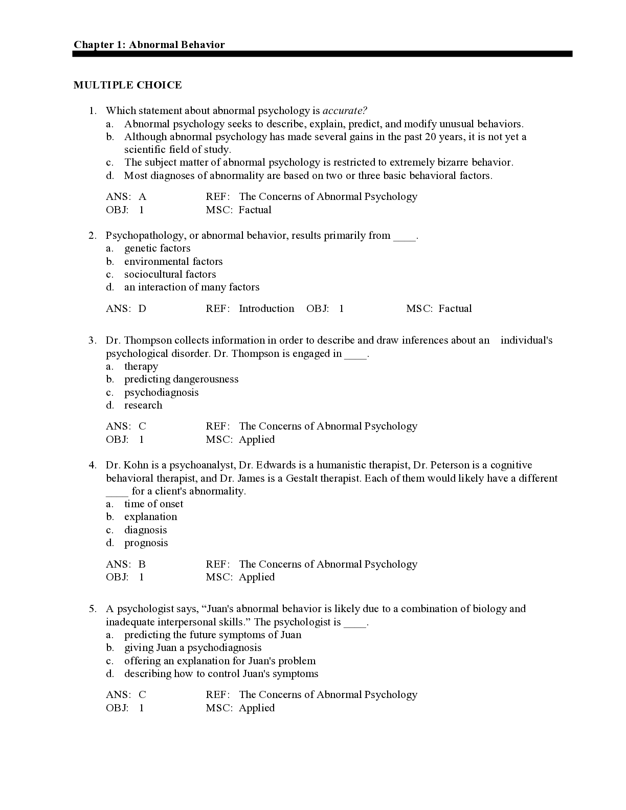 Understanding Abnormal Behavior 10th PYS 3702 Testbank