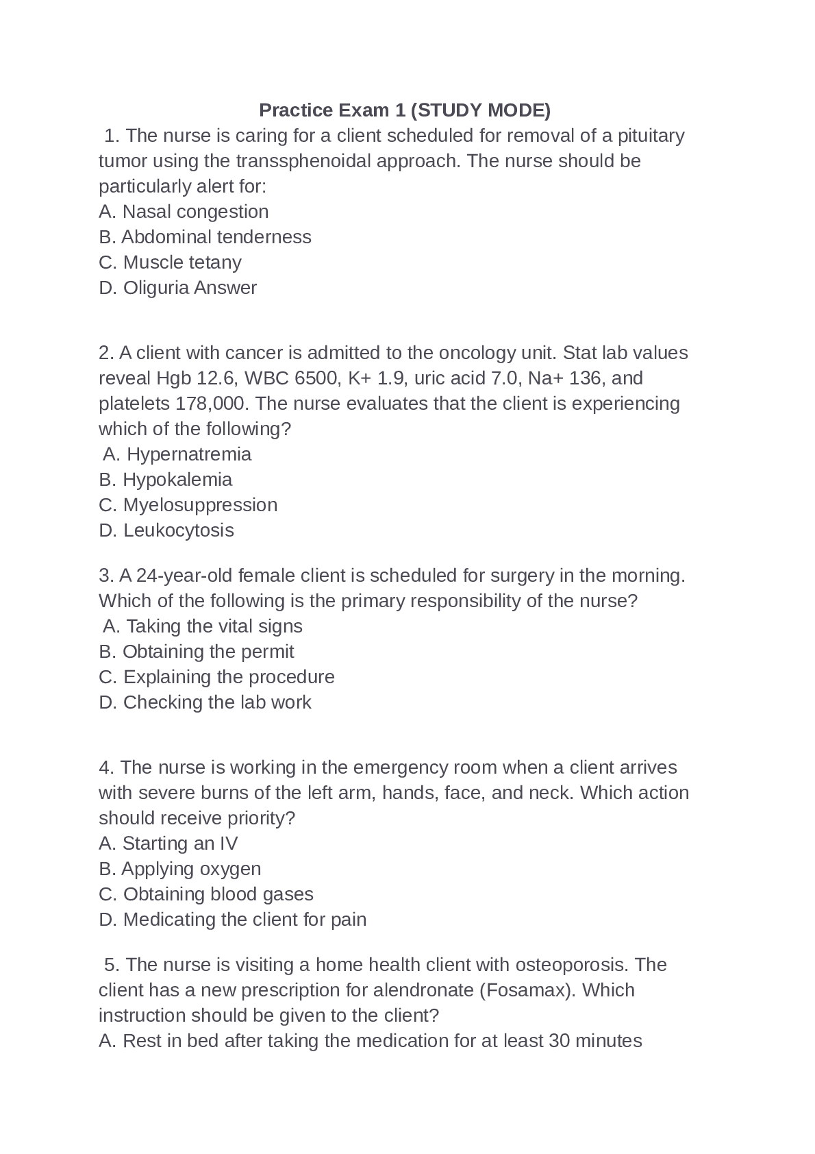 NCLEX-PN Question Sheet Practice Exam 1 (STUDY MODE WITH QUESTIONS ONLY FOR REVISION)