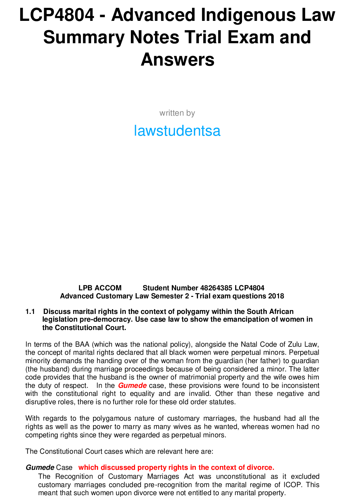 LCP4804 - Advanced Indigenous Law Summary Notes Trial Exam and Answers