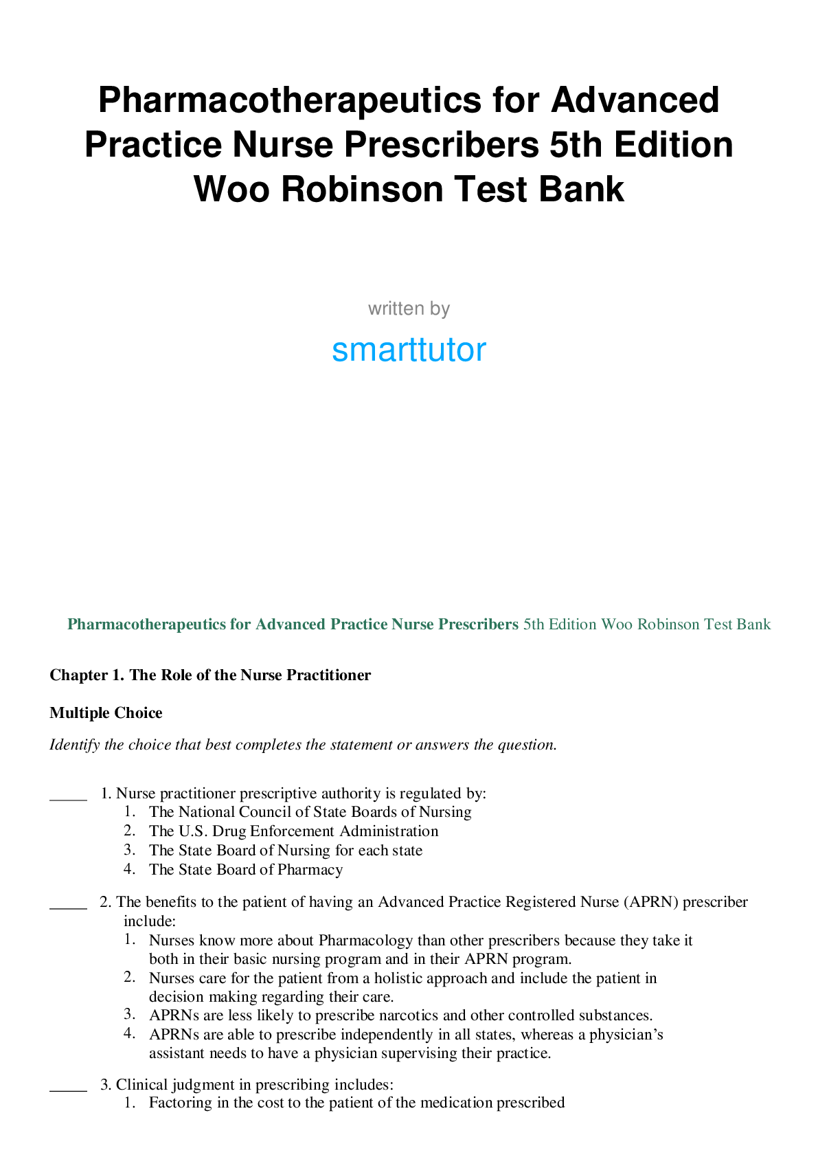 Pharmacotherapeutics for Advanced Practice Nurse Prescribers 5th Edition Woo Robinson Test Bank