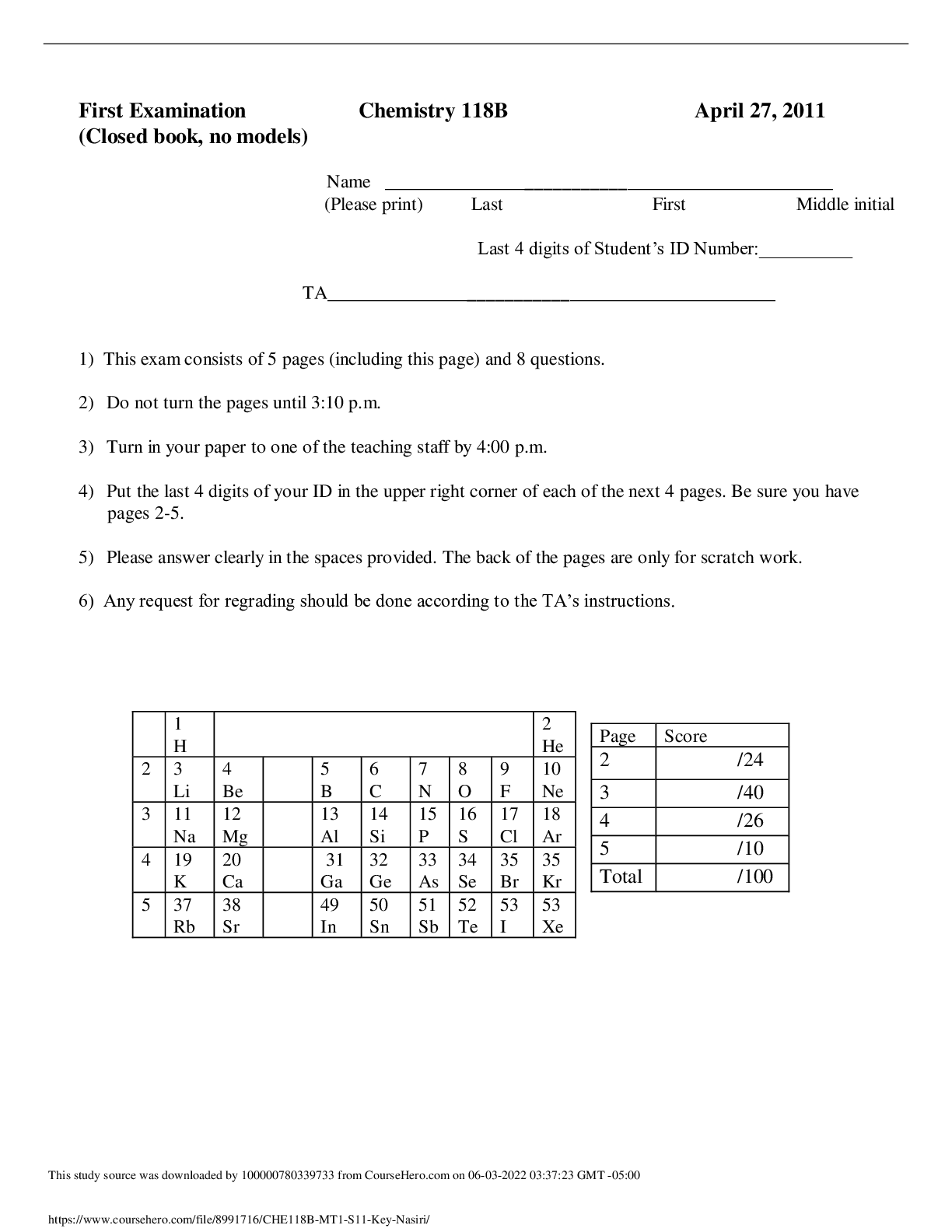 First Examination  Chemistry 118B  April 27, 2011