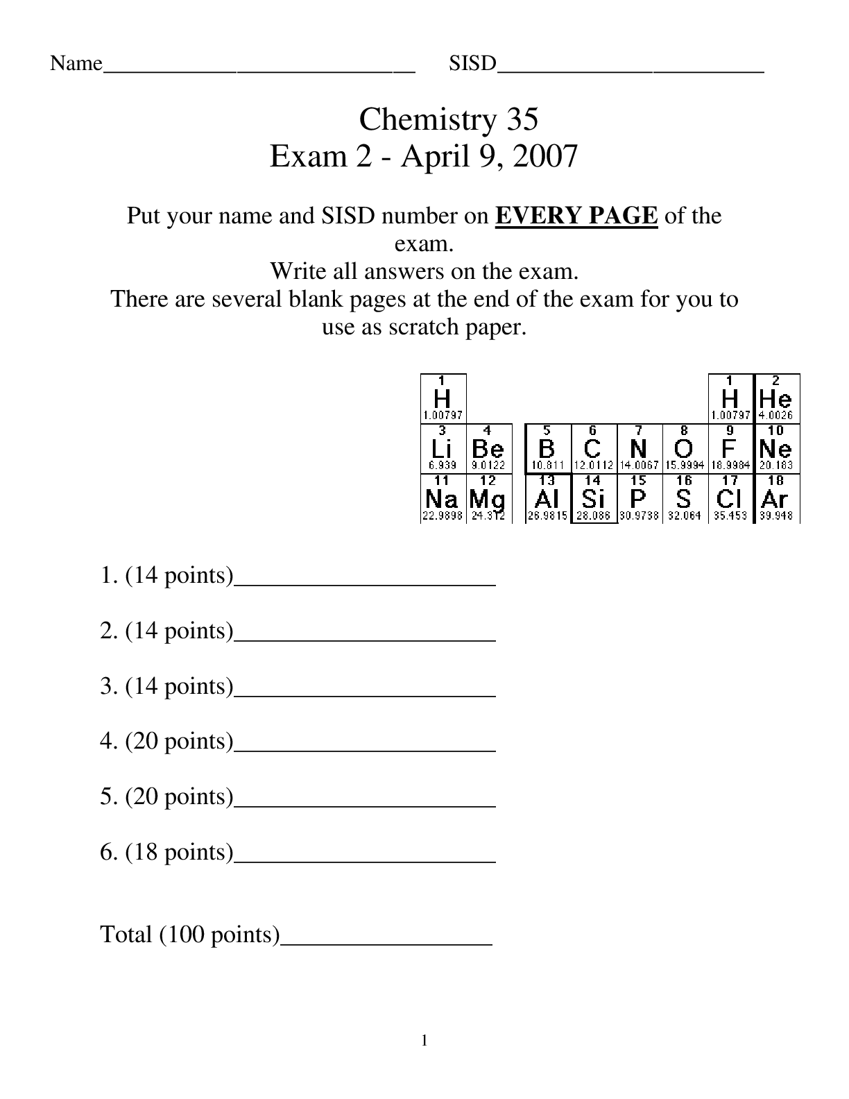 Chemistry 35 Exam 2 - April 9, 2007