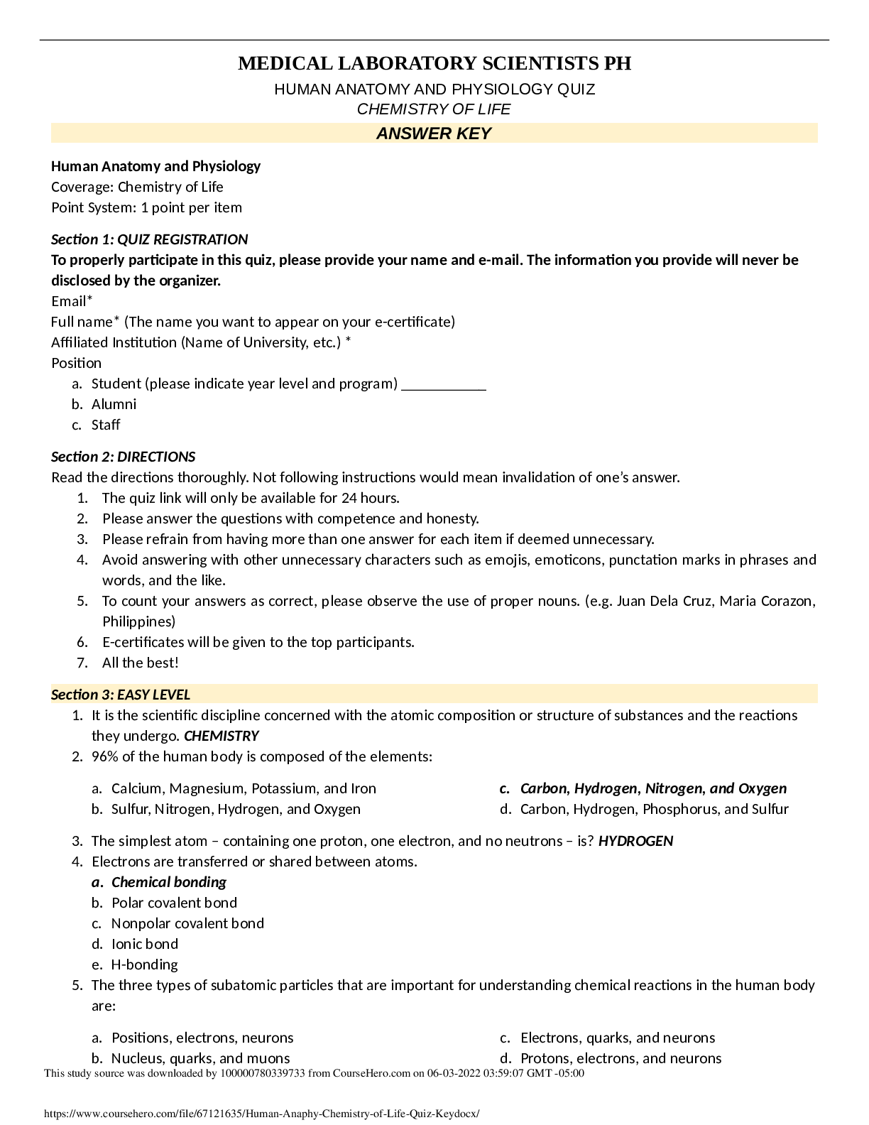 MEDICAL LABORATORY SCIENTISTS PH HUMAN ANATOMY AND PHYSIOLOGY QUIZ CHEMISTRY OF LIFE ANSWER KEY