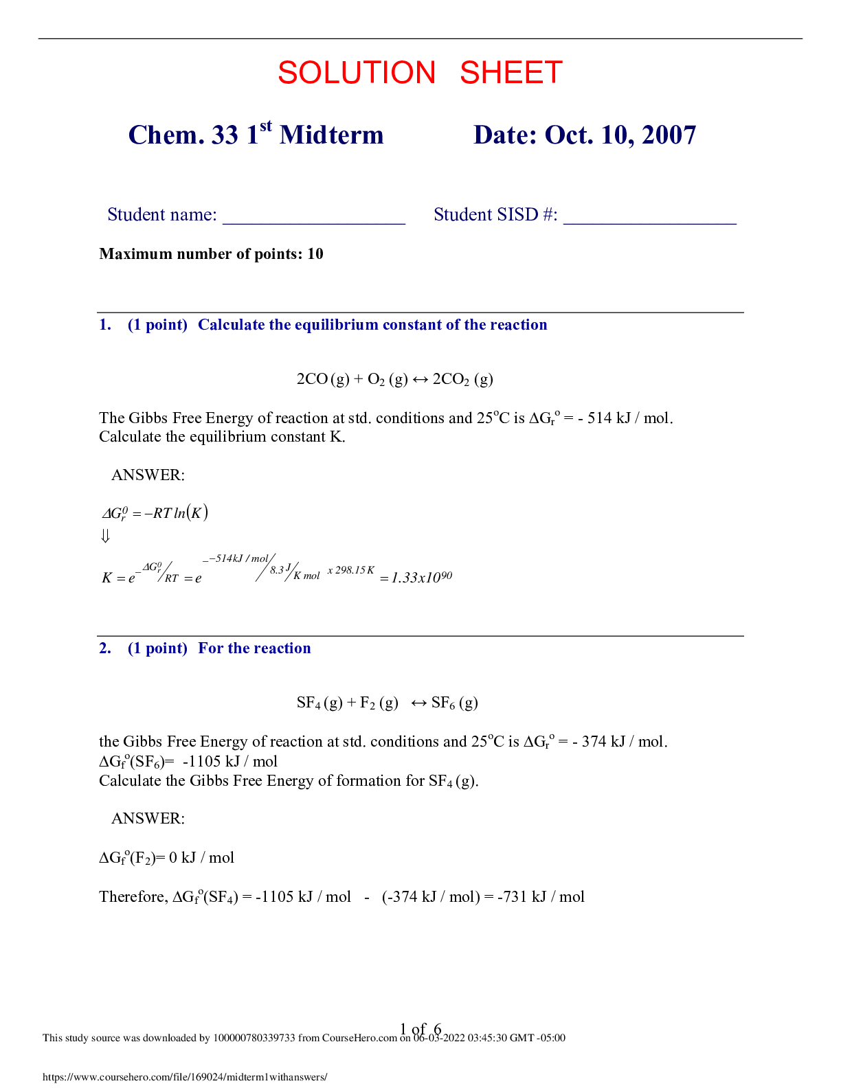 Chem33 1st Midterm SOLUTION SHEET