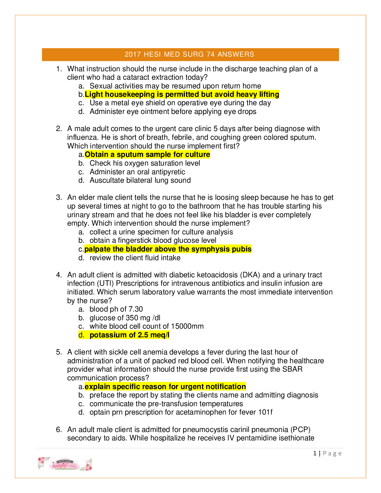 2017 HESI MED SURG WITH SAMPLE ANSWERS