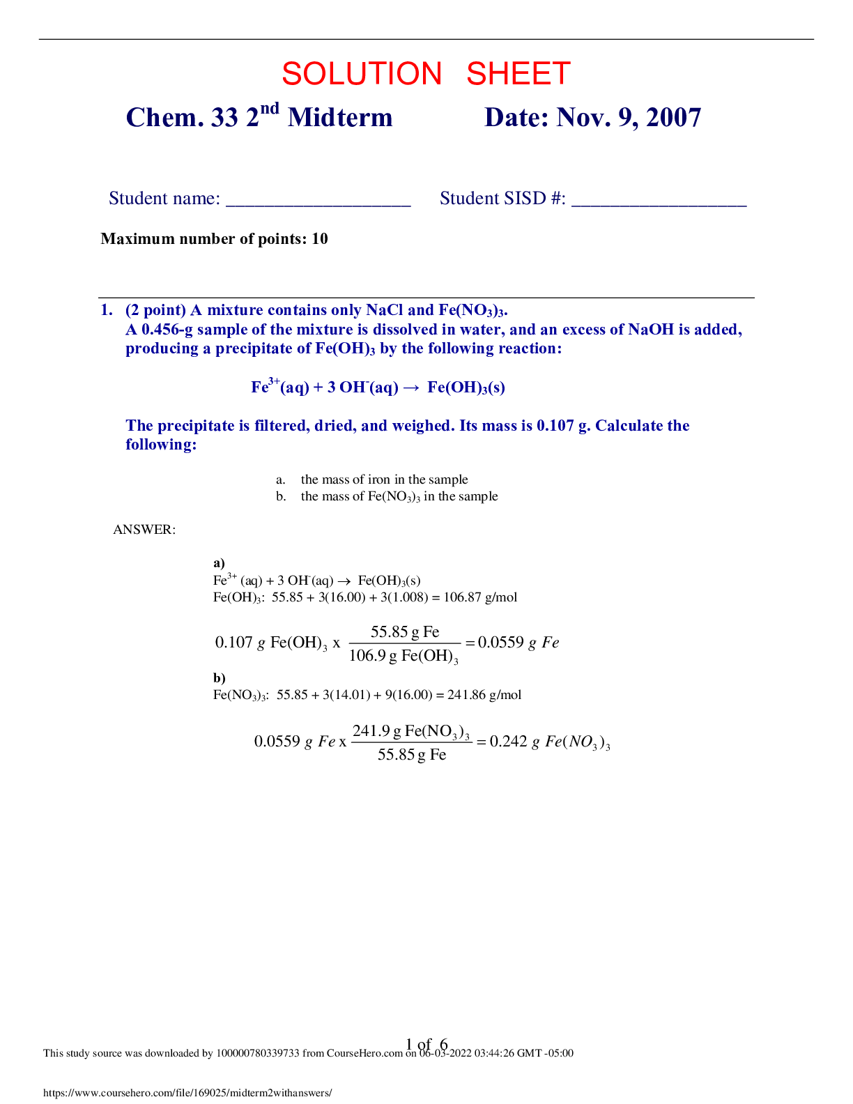 Chem. 33 2nd Midterm SOLUTION SHEET