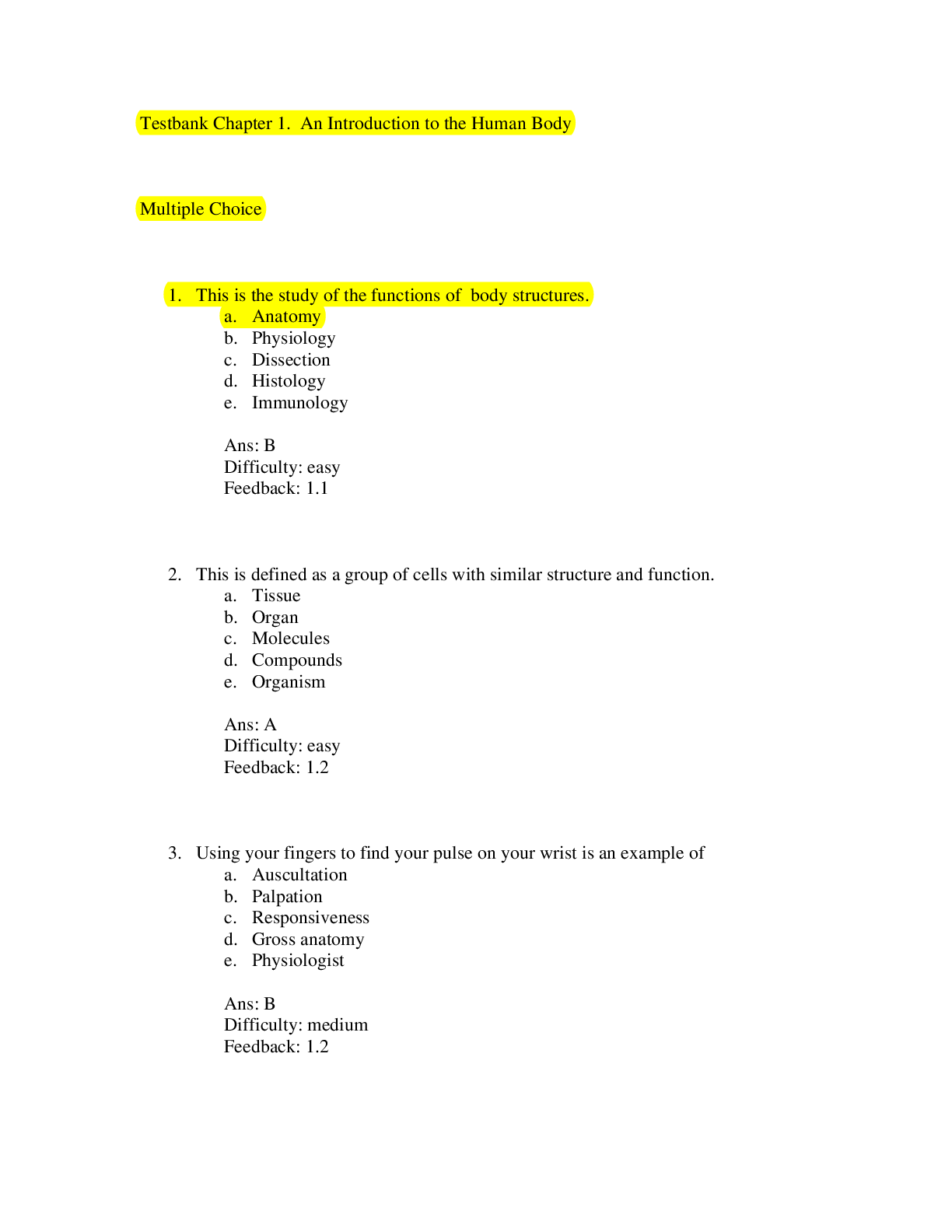 Biology Testbank (Chapter 1 An Introduction to the Human Body)