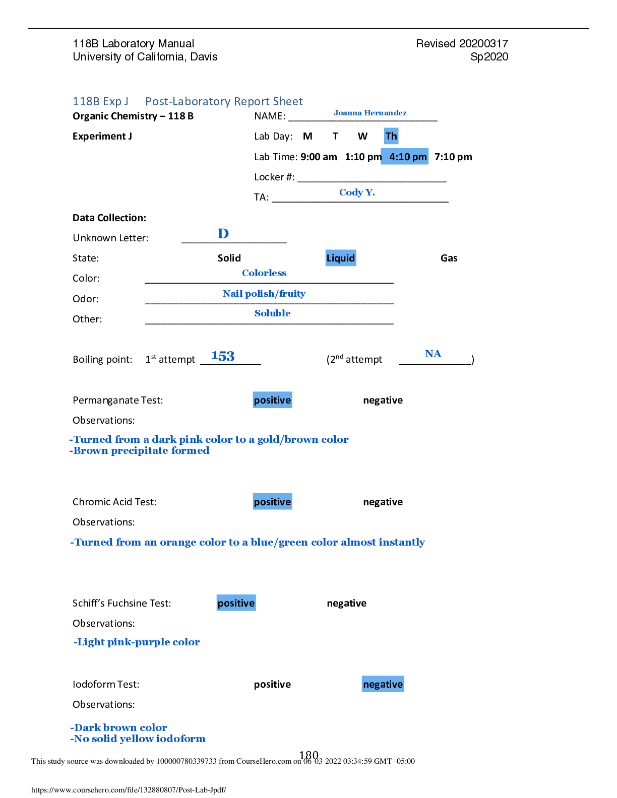 118B Exp J  Post-Laboratory Report Sheet (Experiment J)