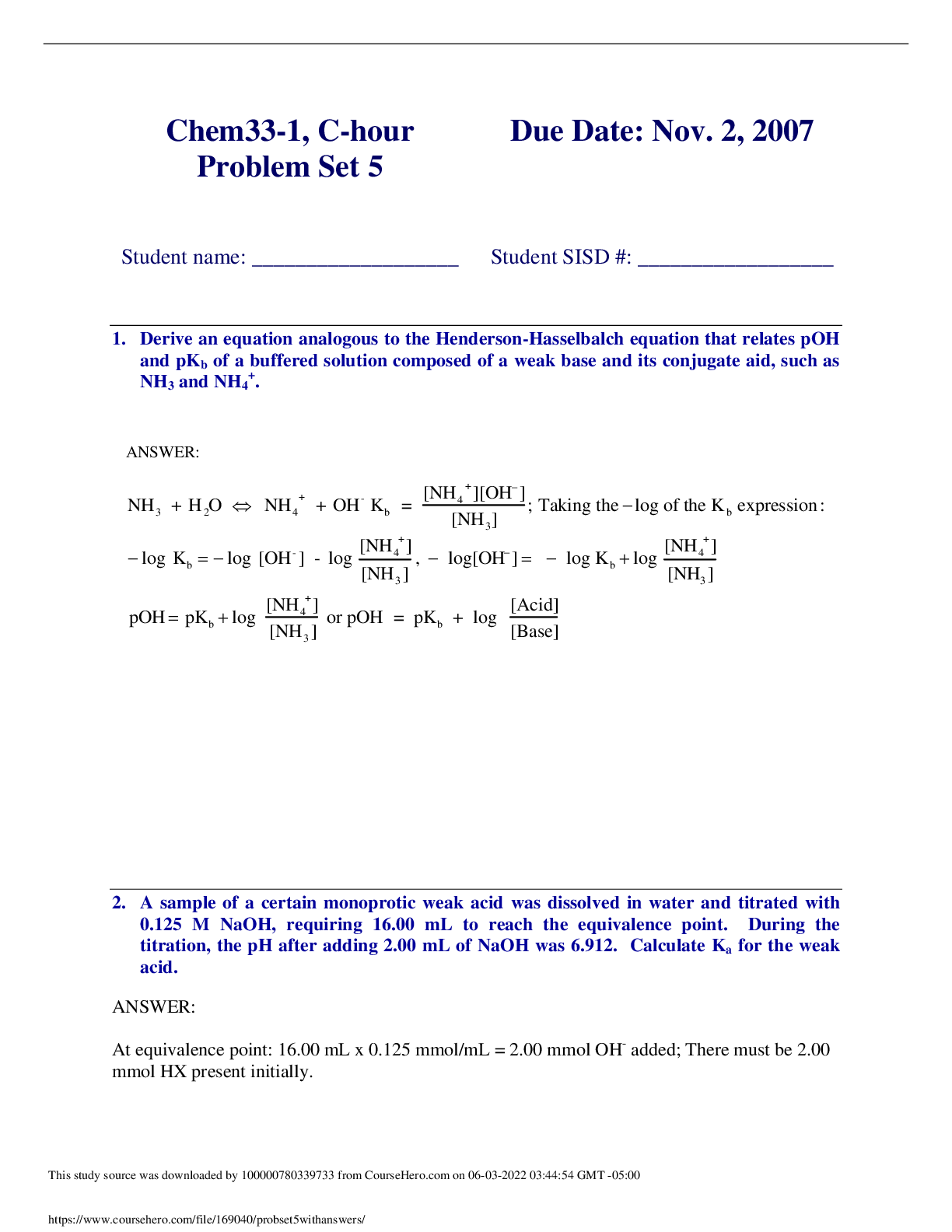 Chem33-1, C-hour Problem Set 5