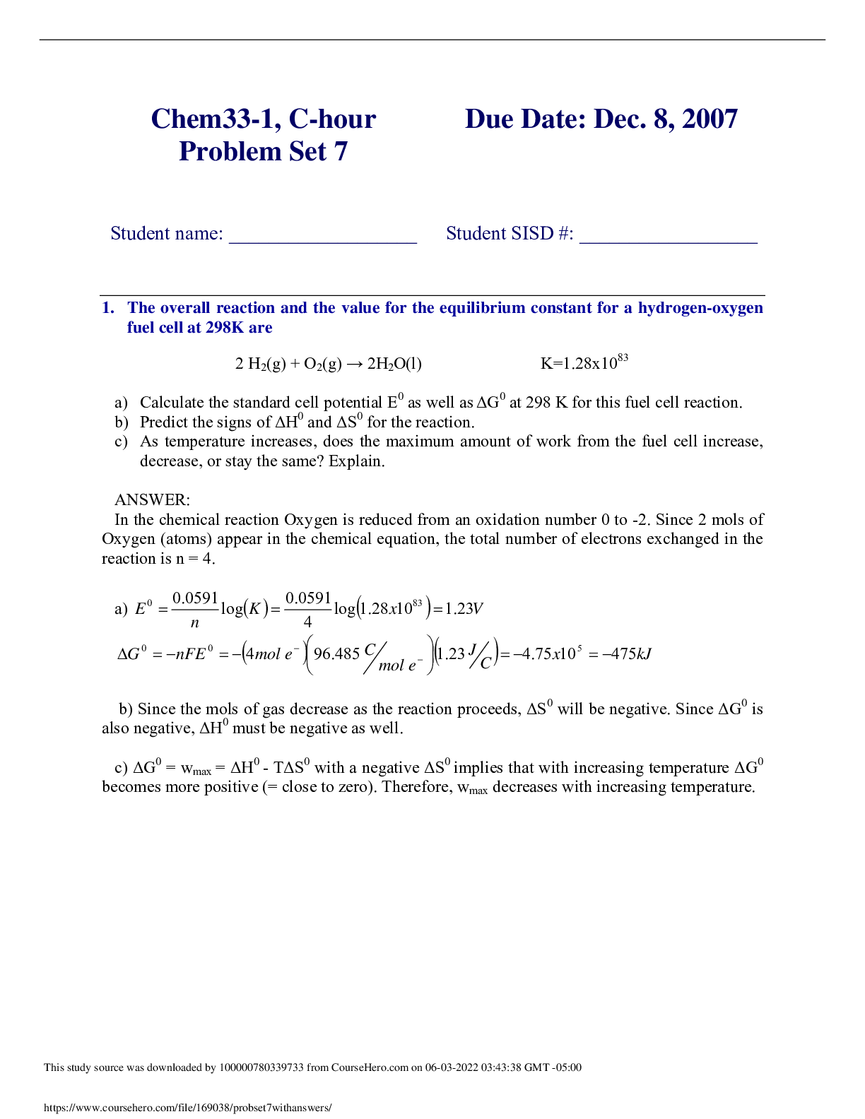 Chem33-1, C-hour Problem Set 7