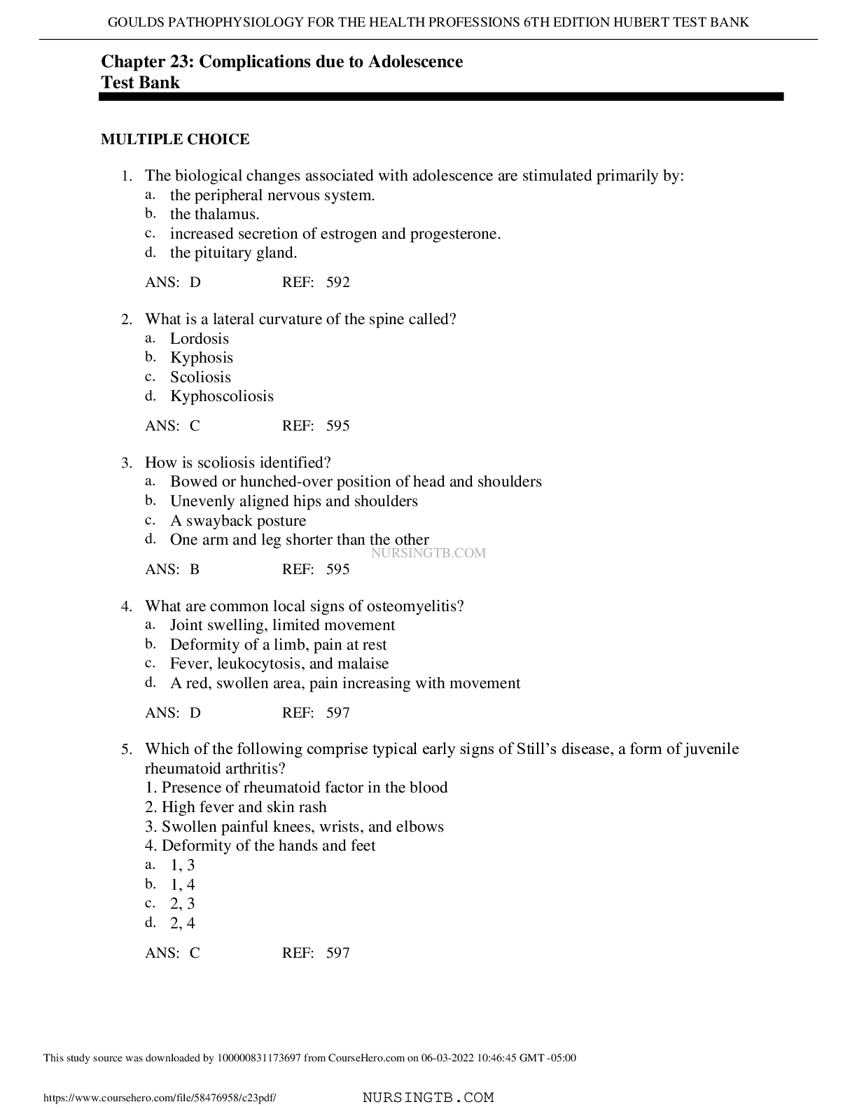 Chapter 23: Complications due to Adolescence: GOULDS PATHOPHYSIOLOGY FOR THE HEALTH PROFESSIONS 6TH EDITION HUBERT TEST BANK