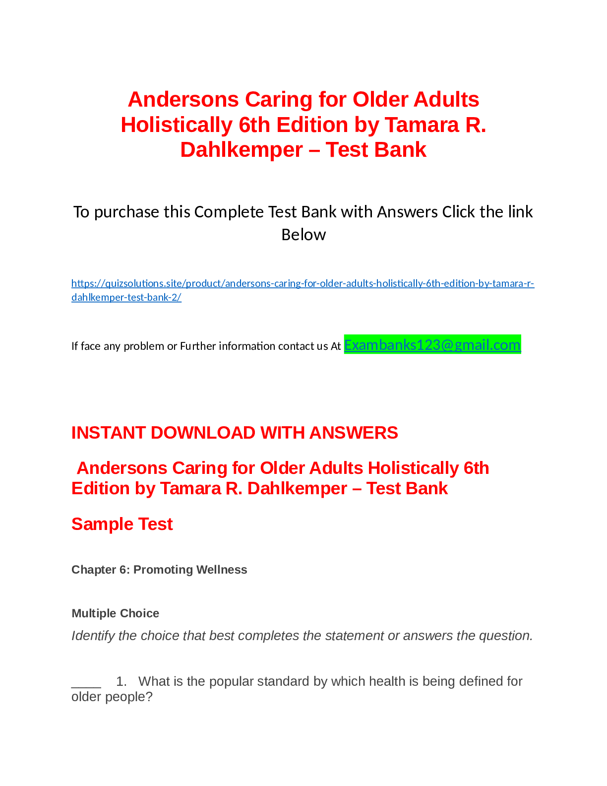 Andersons Caring for Older Adults Holistically 6th Ed – Test Bank