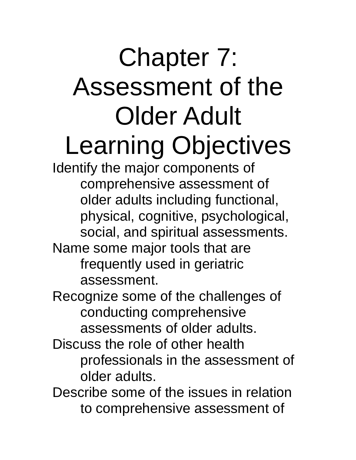 Chapter 7: Assessment of the Older Adult Learning Objectives