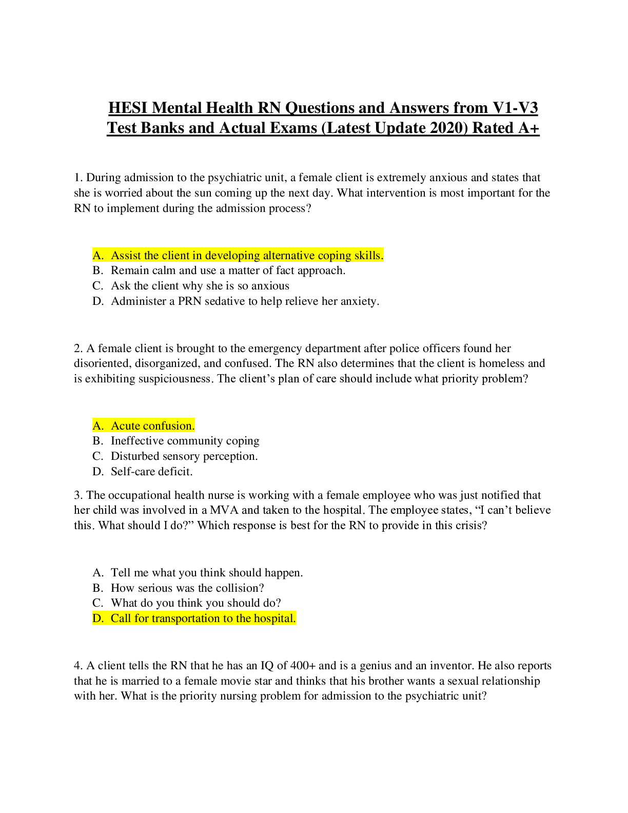 HESI Mental Health RN Questions and Answers  Test Banks and Actual Exams (Latest Update 2020
