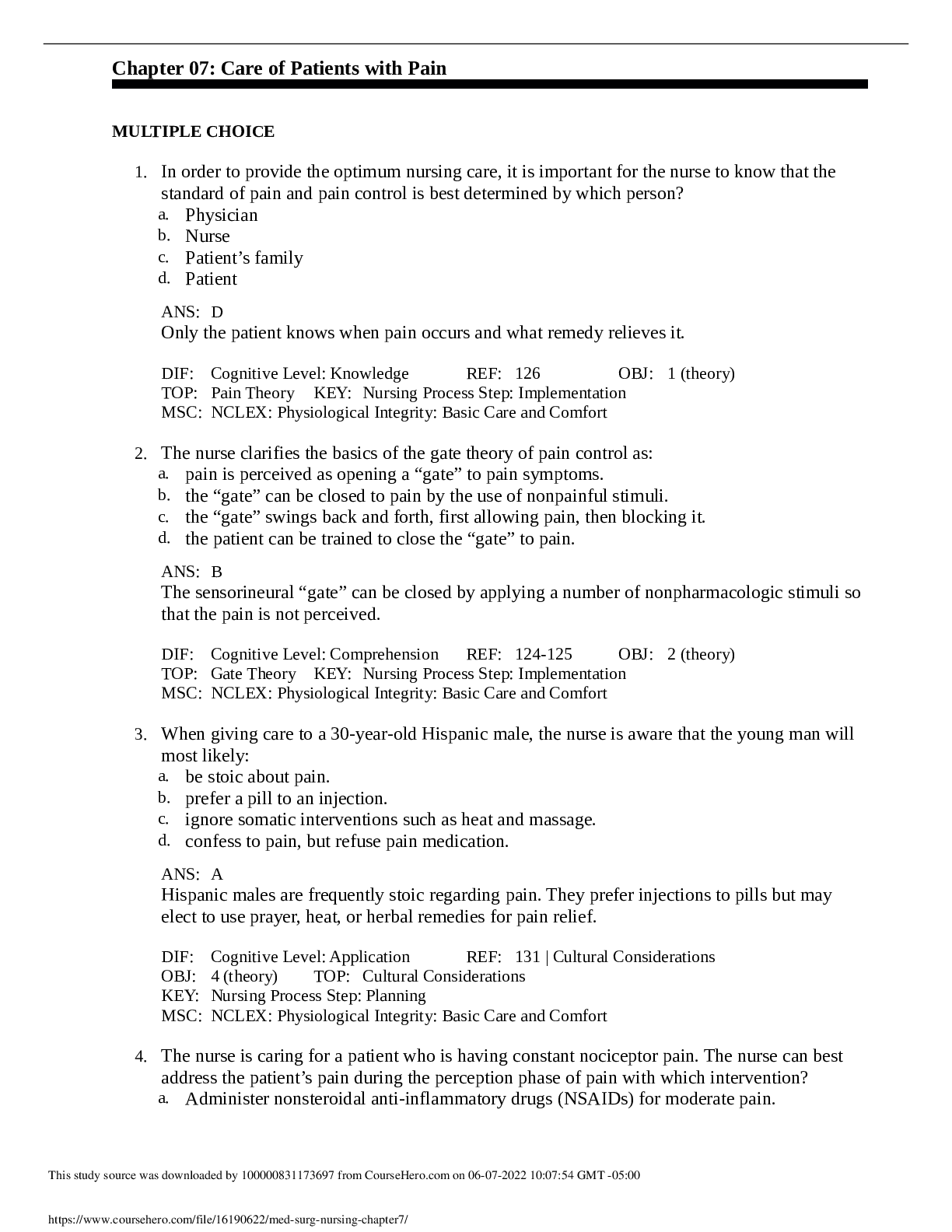 Med Surg Nursing Exam: Pain Management (High-Yield Q&A)