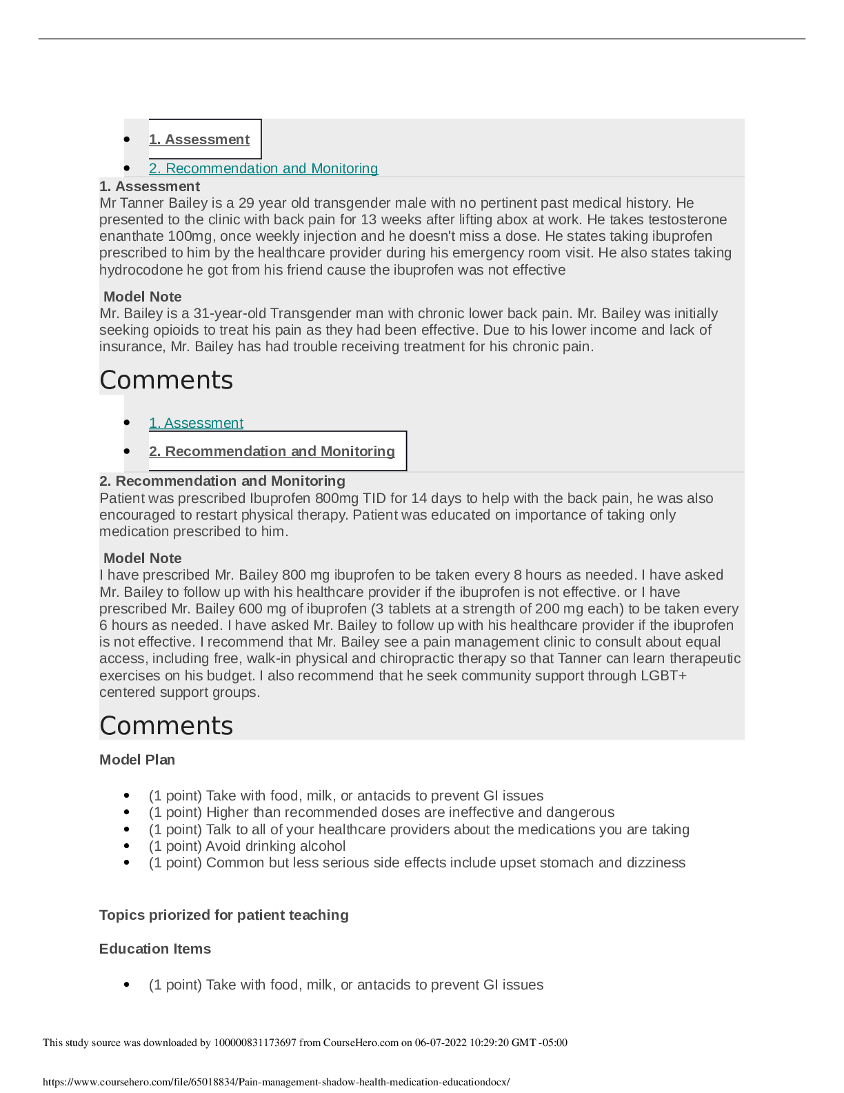Pain management, shadow health medication education :NURS 6620