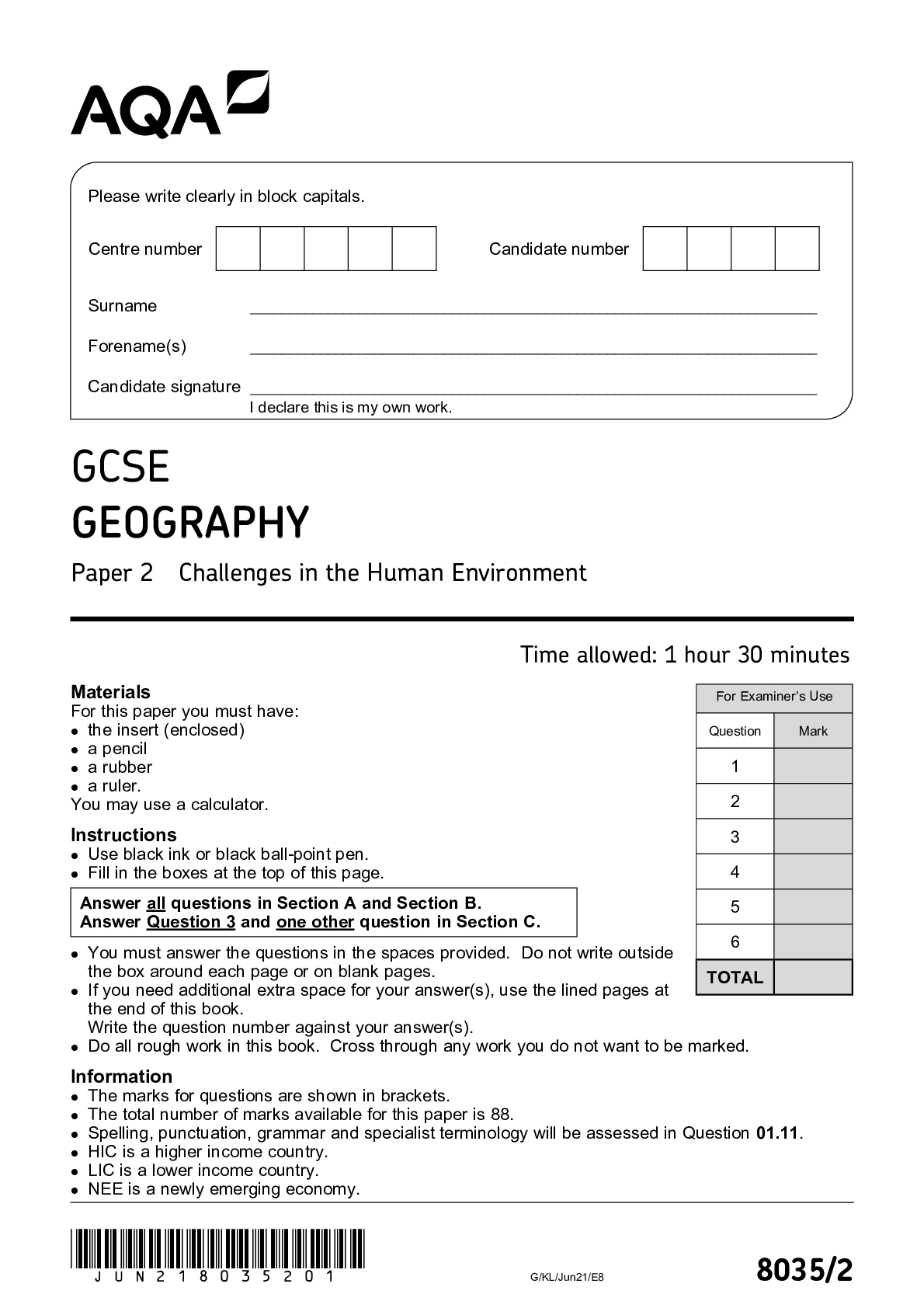 GCSE GEOGRAPHY Paper 2  Challenges in the Human Environment
