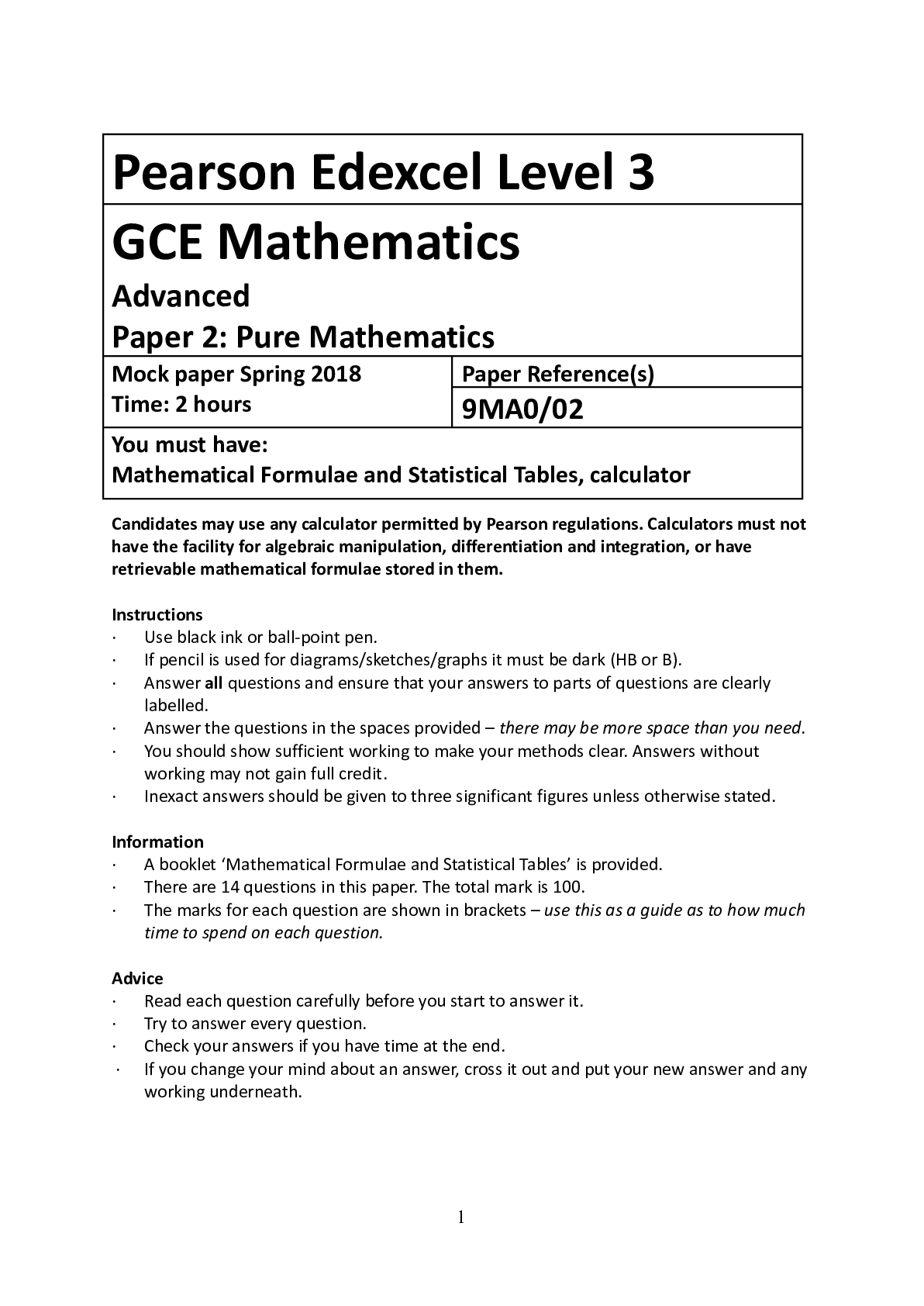 Pearson Edexcel Level 3 GCE Mathematics Advanced Paper 2: Pure Mathematics