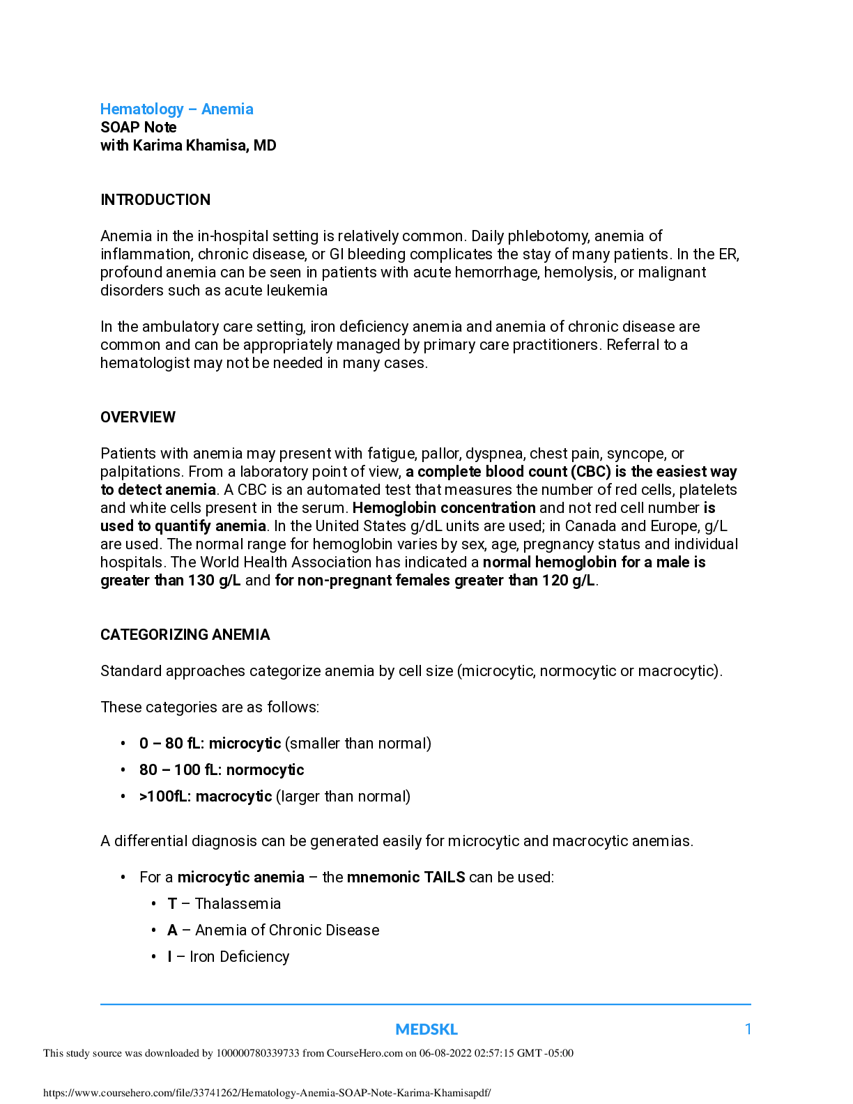 Hematology – Anemia SOAP Note with Karima Khamisa, MD
