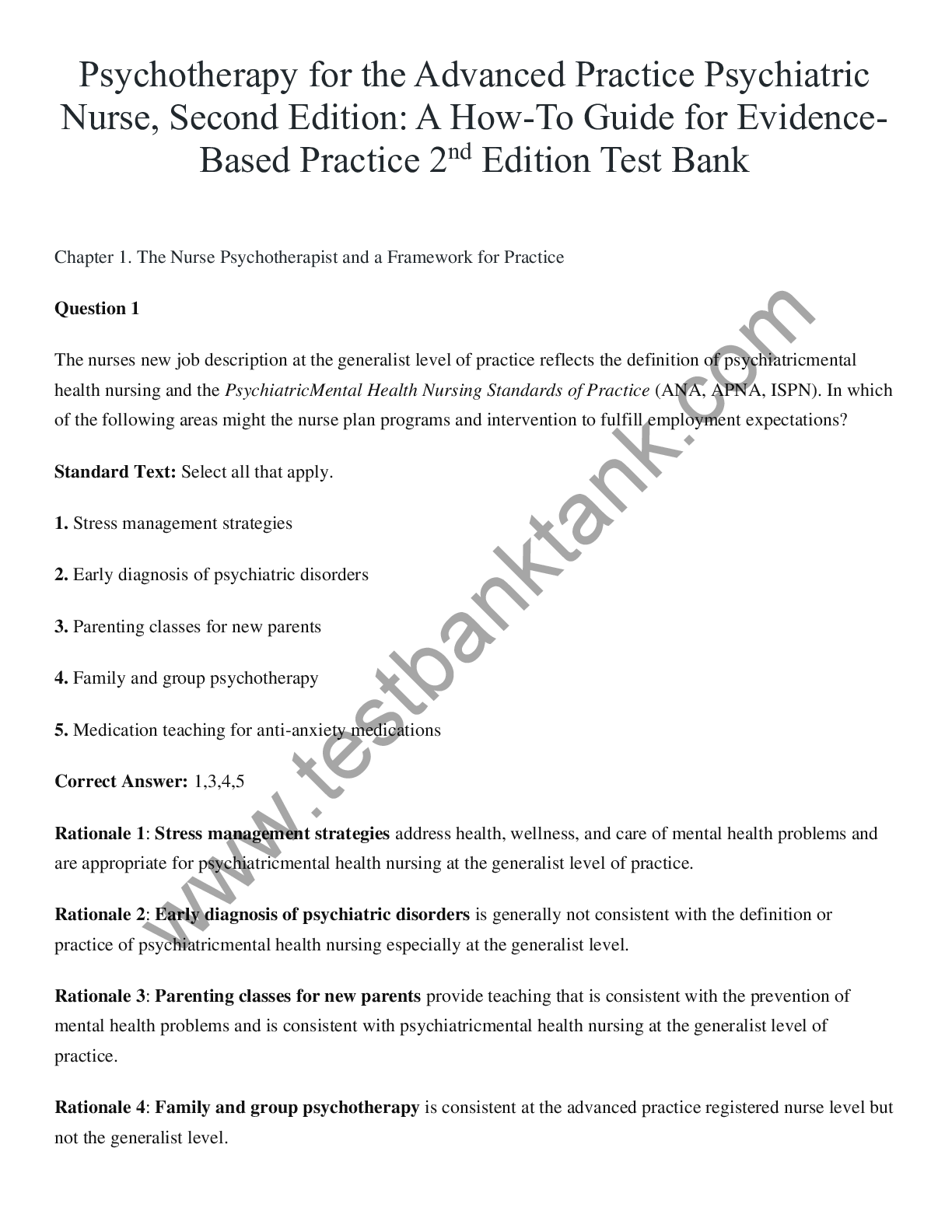 Psychotherapy for the Advanced Practice Psychiatric Nurse, Second Edition: A How-To Guide for Evidence- Based Practice 2nd Edition Test Bank