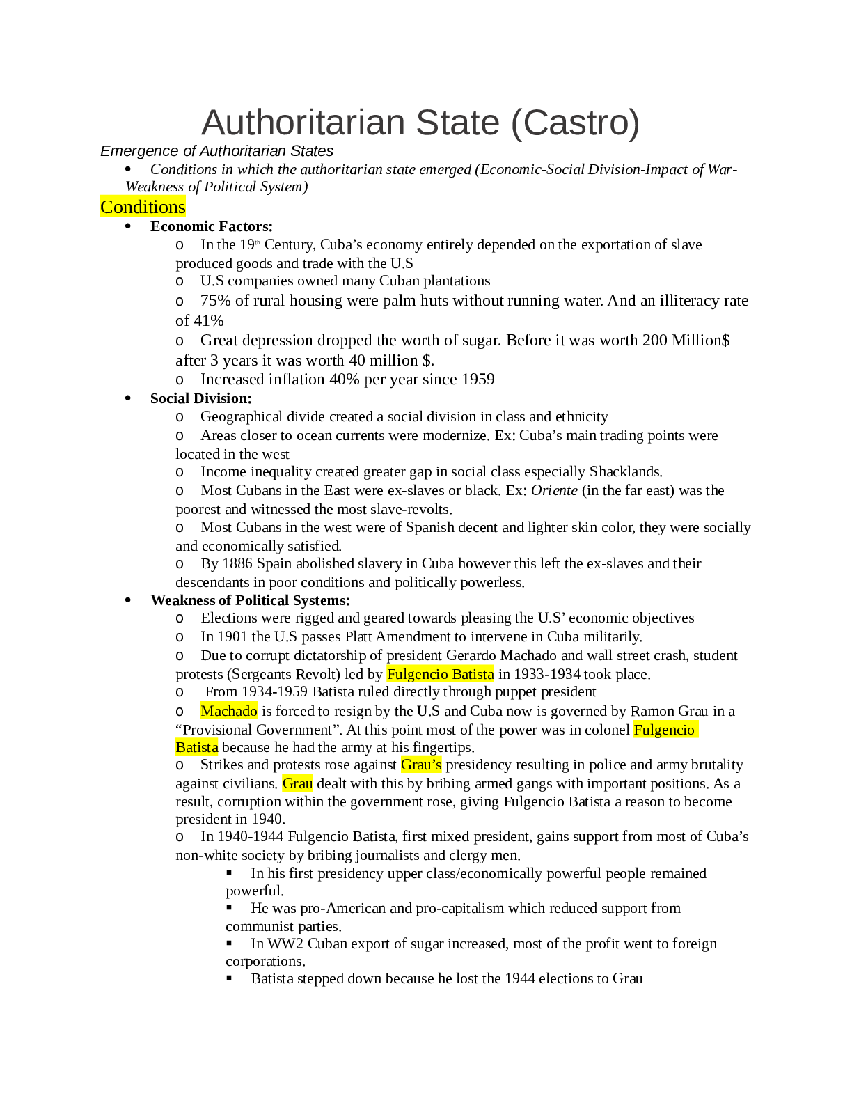Authoritarian State (Castro) History Notes