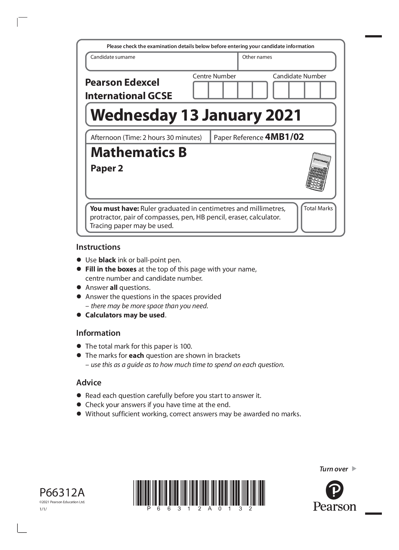 Pearson Edexcel International GCSE Mathematics B Paper 2