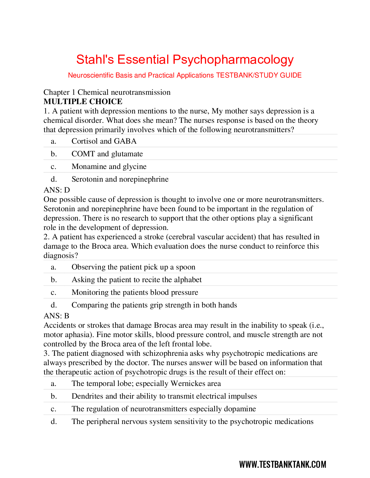 TB Stahls-Essential-Psychopharmacology-4th-Edition-Test-Bank-Tank