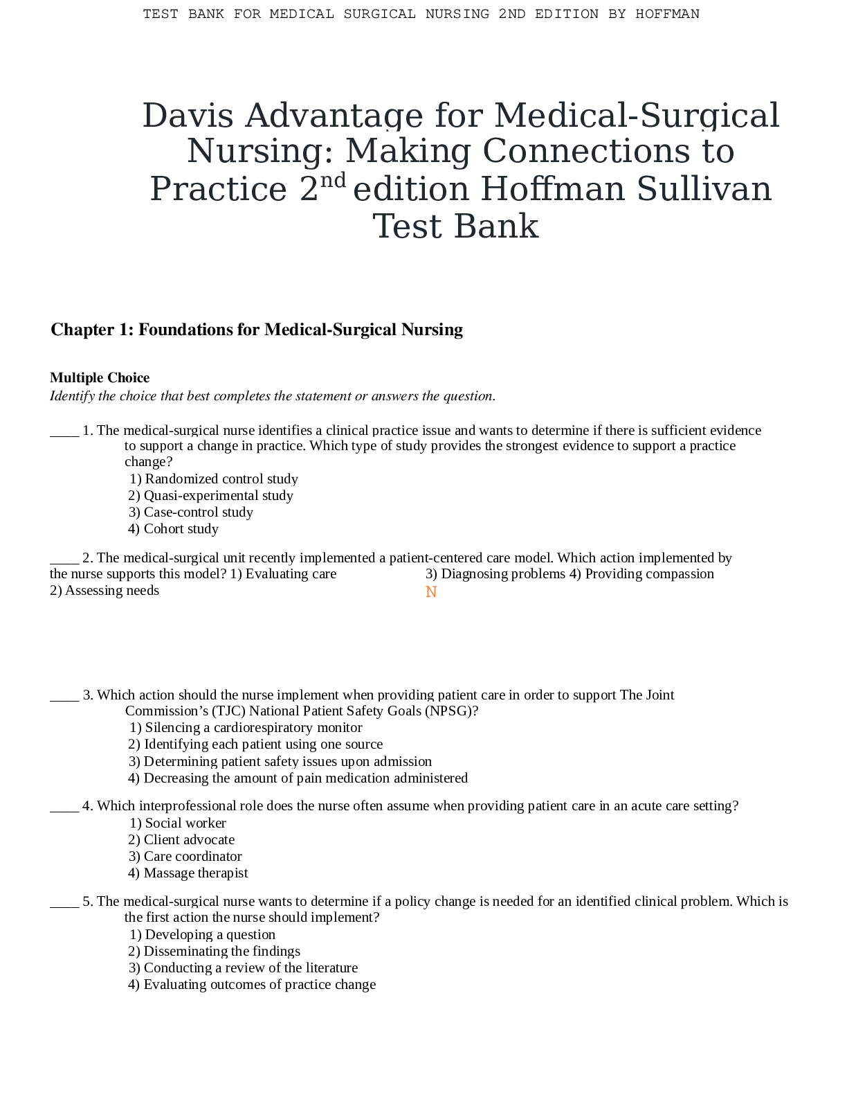 MEDICAL SURGICAL NURSING 2ND EDITION BY HOFFMAN TEST BANK