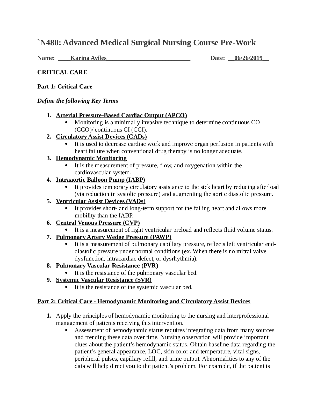 Advanced Medical Surgical Nursing Course Pre-Work N480