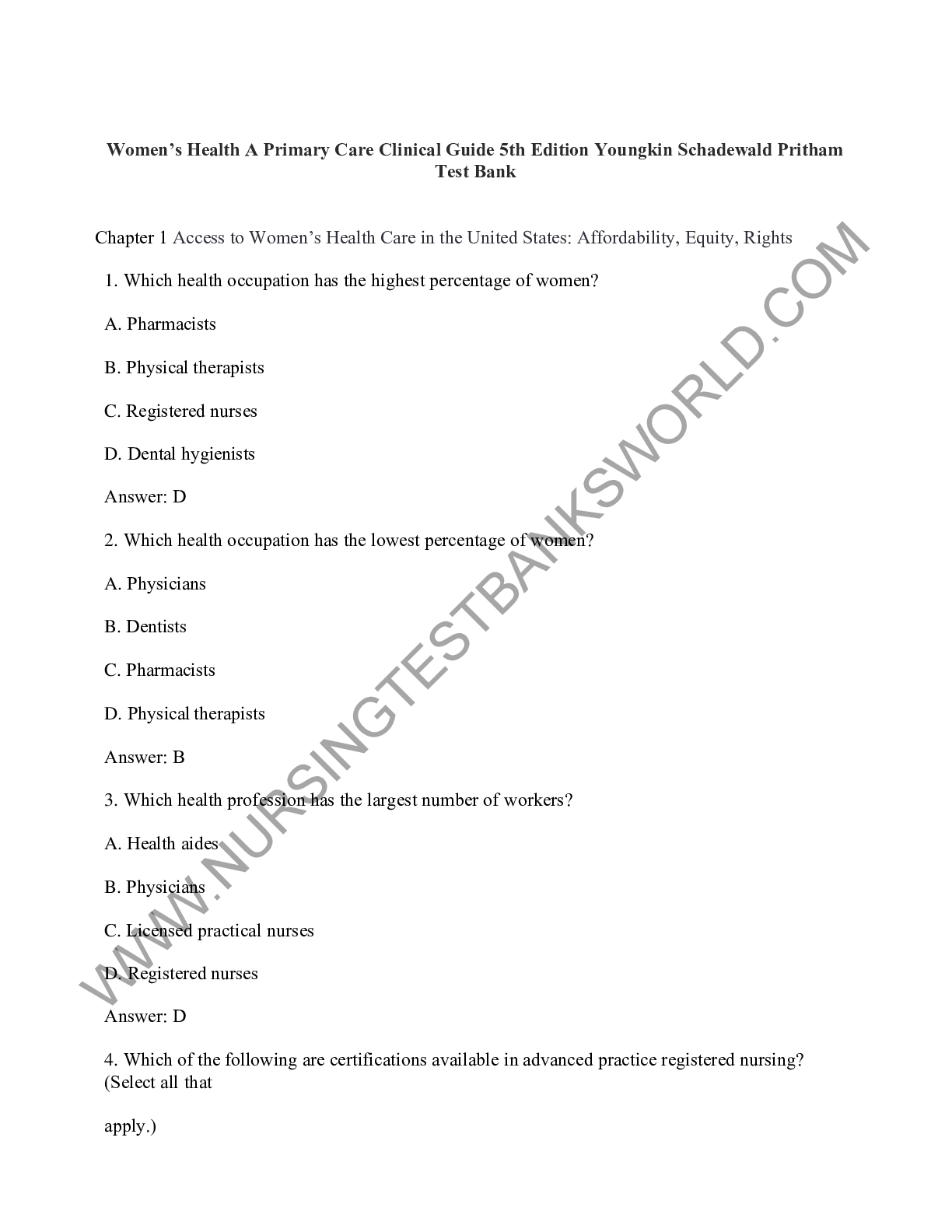 Womens Health A Primary Care Clinical Guide 5th Edition Youngkin Schadewald Pritham Test Bank