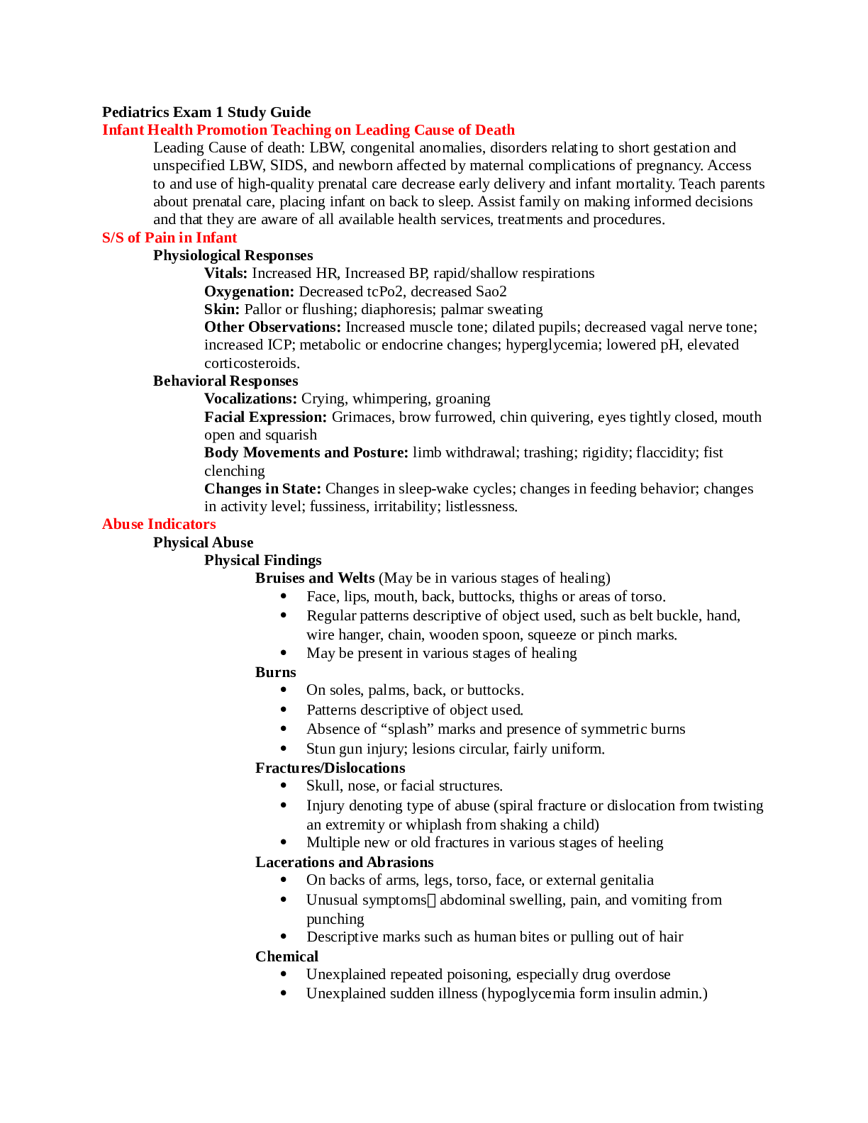 Pediatrics Exam 1 Study Guide