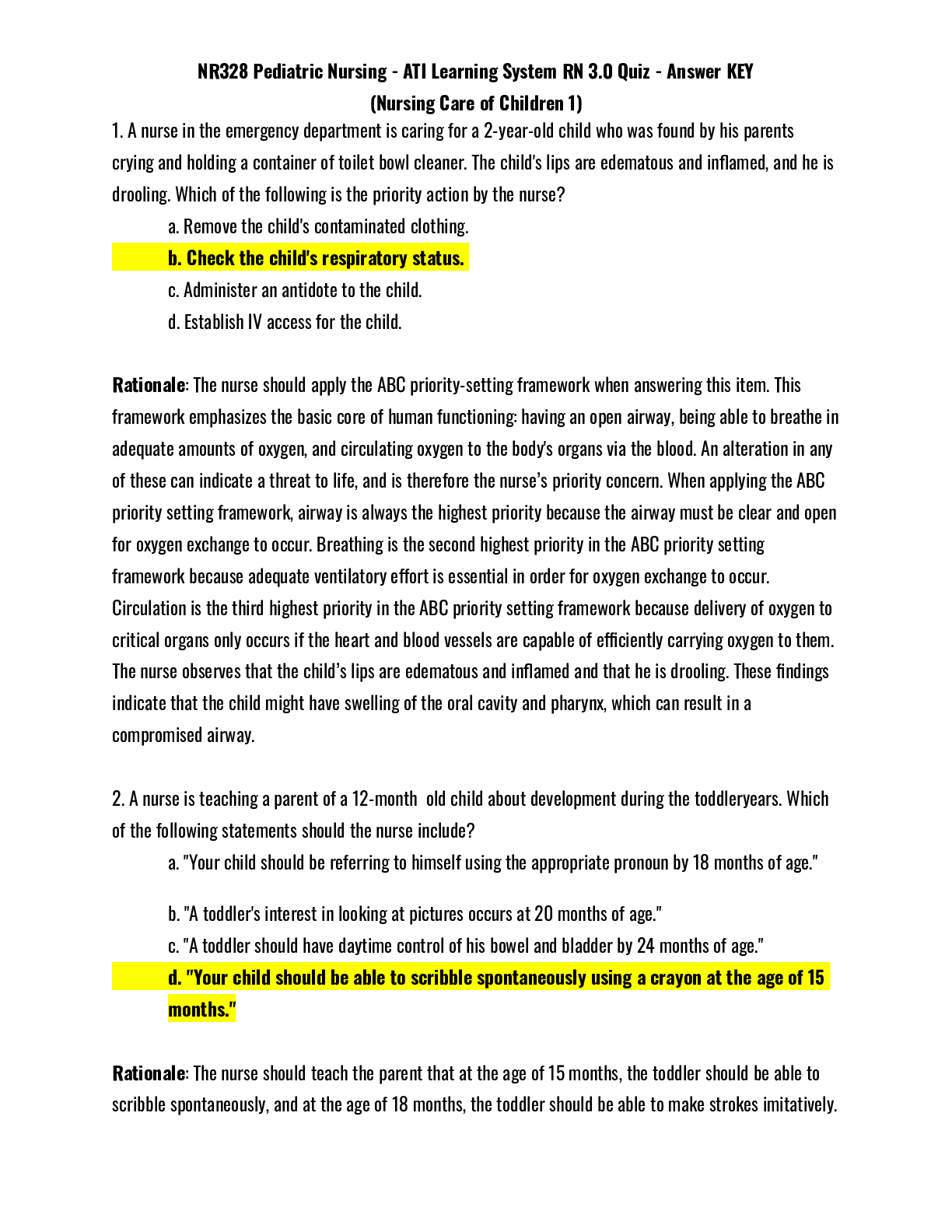NR328 Pediatric Nursing - ATI Learning System RN 3.0 Quiz - Answer KEY (Nursing Care of Children 1)
