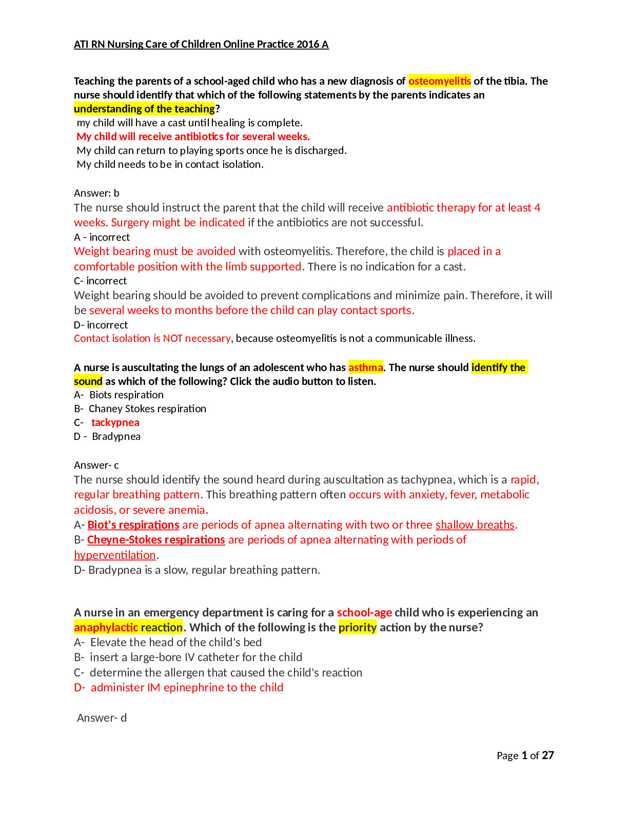 ATI RN Nursing Care of Children Online Practice 2016 A