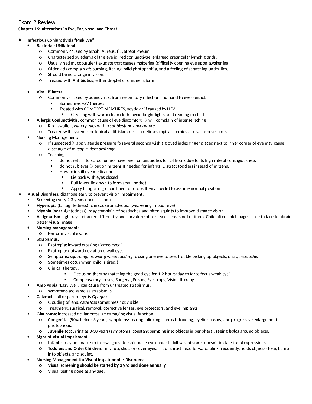 Exam 2 Review Alterations in Eye, Ear, Nose, and Throat (Chapter 19)