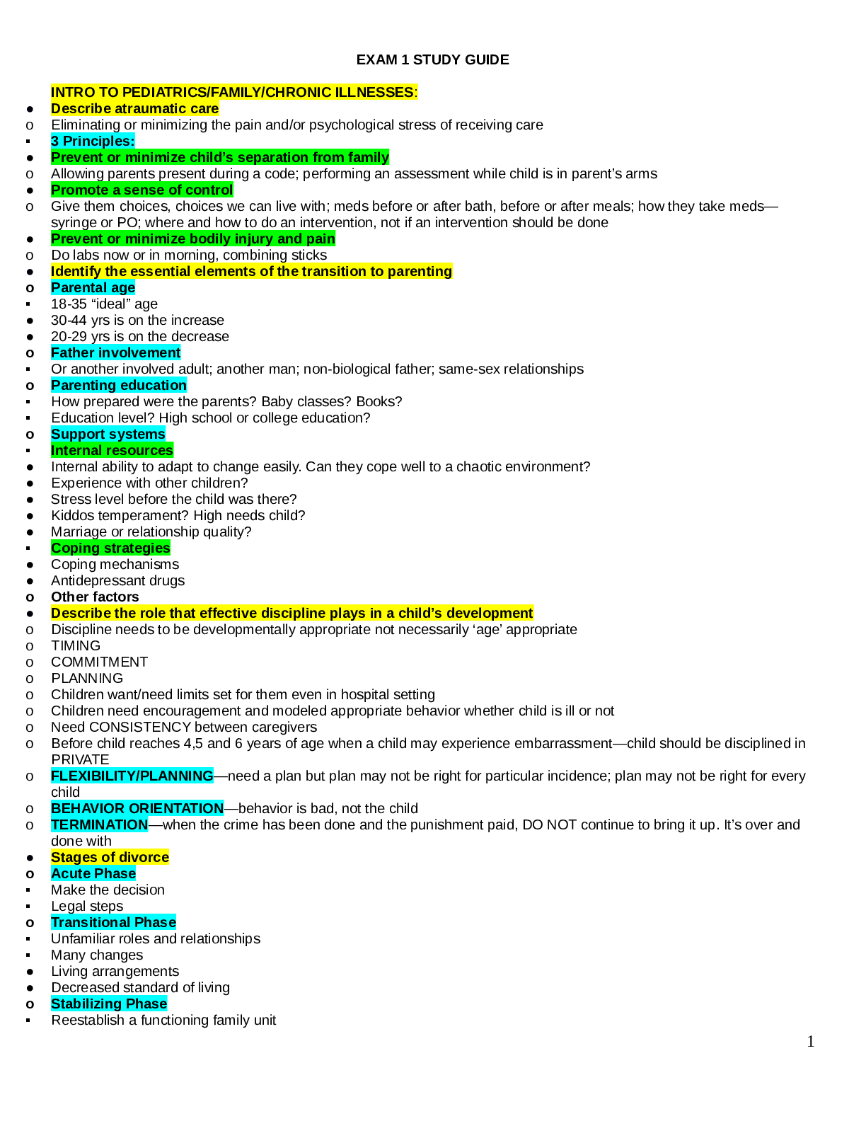 EXAM 1 STUDY GUIDE INTRO TO PEDIATRICS/FAMILY/CHRONIC ILLNESSES
