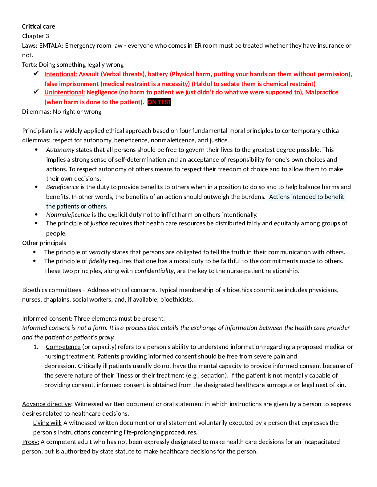 Critical care Chapter 3 Laws EMTALA: Emergency room law - everyone who comes in ER room must be treated whether they have insurance or not.